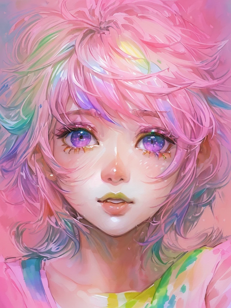 (Pink Fashion T-Shirt:1.9)、(colorfulな髪:1.8)、(All the colors of the rainbow:1.8)、((((Vertical painting:1.6)))、(Painting:1.6)、front、comics、An illustration、Painting、Big eyes、Clear eyes、(虹色のGradationハイポニーテール:1.7)、Exquisite makeup、Mouth closed、(Small Fresh:1.5)、(Wipe Chest:1.6)、Long eyelashes、White off-shoulder T-shirt、White shoulder shirt、Looking at the audience、Big teary eyes、(Rainbow Hair:1.6)、 カラーsplash, (solo:1.8), カラーsplash, Color Explosion, 太いpaintスタイル, Messy Lines, ((Shine)), (colorful), (colorful), colorful, colorful, シックpaintスタイル, (splash) (カラーsplash), Vertical painting, Upper Body, paintsplash, Acrylic Pigments, Gradation, paint, Highest quality, Highest quality, masterpiece, solo, Depth of written boundary, フェイスpaint, colorfulな服, (elegant: 1.2), Gorgeous,Long Hair, Wind, (elegant: 1.3), (petal:1.4)、(((masterpiece)))、(((highest quality)))、((Super detailed))、(An illustration)、(Dynamic Angle)、((Floating))、(paint)、((Disheveled Hair))、(solo)、(1 Girl)、((Detailed Anima Face)))、((Beautiful detailed face))、collar、Bare shoulders、Gray Hair、((colorfulな髪))、(((Striped Hair))、Beautiful detailed eyes、(Gradationカラーの目)、(((colorfulな目))))、(colorfulな背景))))、((((High chroma))))、(((colorfulな水しぶきに囲まれている)))、
