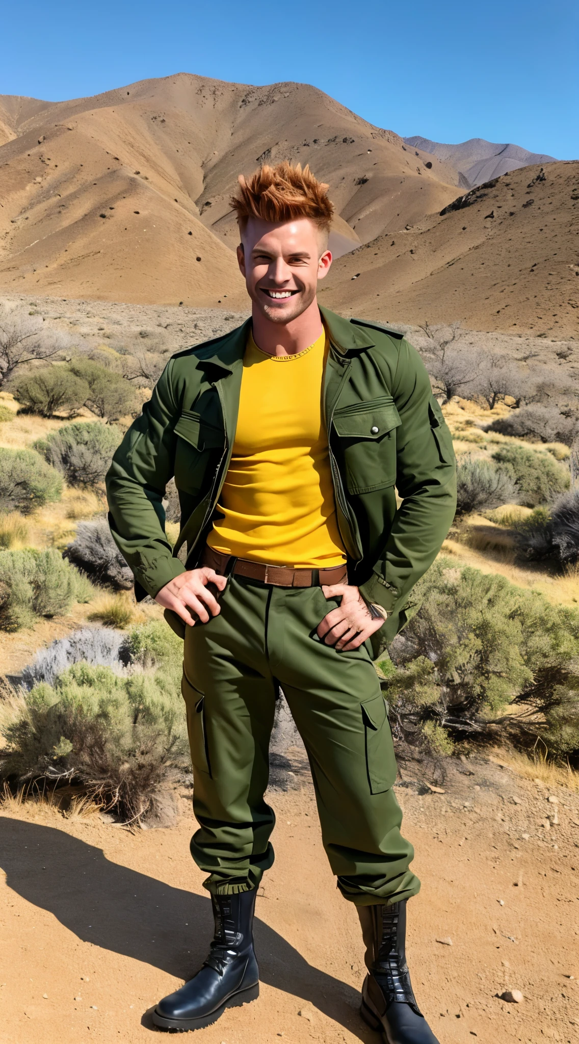 Muscular man, defined body, gold rings on every finger, Light blue gangster jacket, black shirt under jacket, Green long army pants, Brown military boots, Wicked Smile, Orange spiky hair, Messy Hair, short hair, Yellow Eyes, Big Mountain々desert landscape with, Scenery with monsters around.