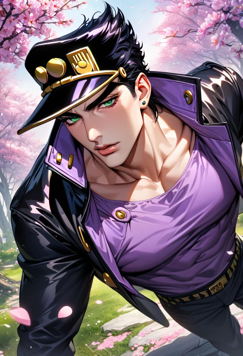 absurdres, highres, ultra detailed, HDR, master piece, best quality, extremely detailed face and eyes, Jotaro Kujo, black hat, black hair, expressive green eyes, jojo bizarre adventure, solo, sexy man, handsome, black leather coat, purple shirt, black pants, spring, trees, blossoms, pink petals, pink butterflies