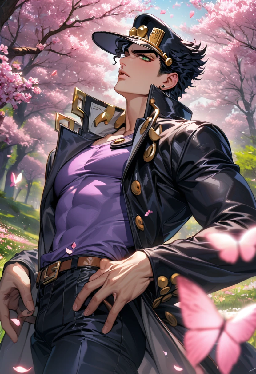 absurdres, highres, ultra detailed, HDR, master piece, best quality, extremely detailed face and eyes, Jotaro Kujo, black hat, black hair, expressive green eyes, jojo bizarre adventure, solo, sexy man, handsome, black leather coat, purple shirt, black pants, spring, trees, blossoms, pink petals, pink butterflies