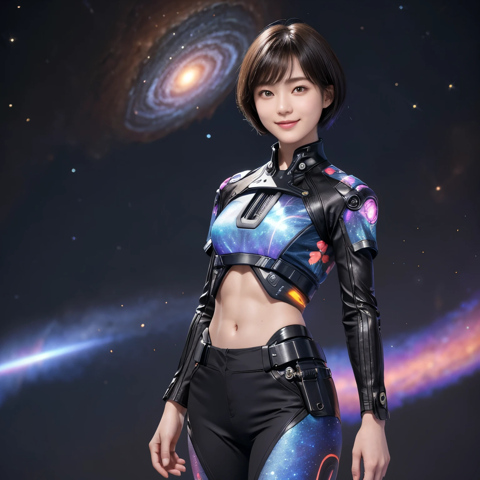 214 Short Hair, 20-year-old woman, A kind smile, Floral, Futuristic clothing, Mechanical Suit, ((Clothes that show abs、Clothes with short sleeves)), (The background is a galaxy and nebula)