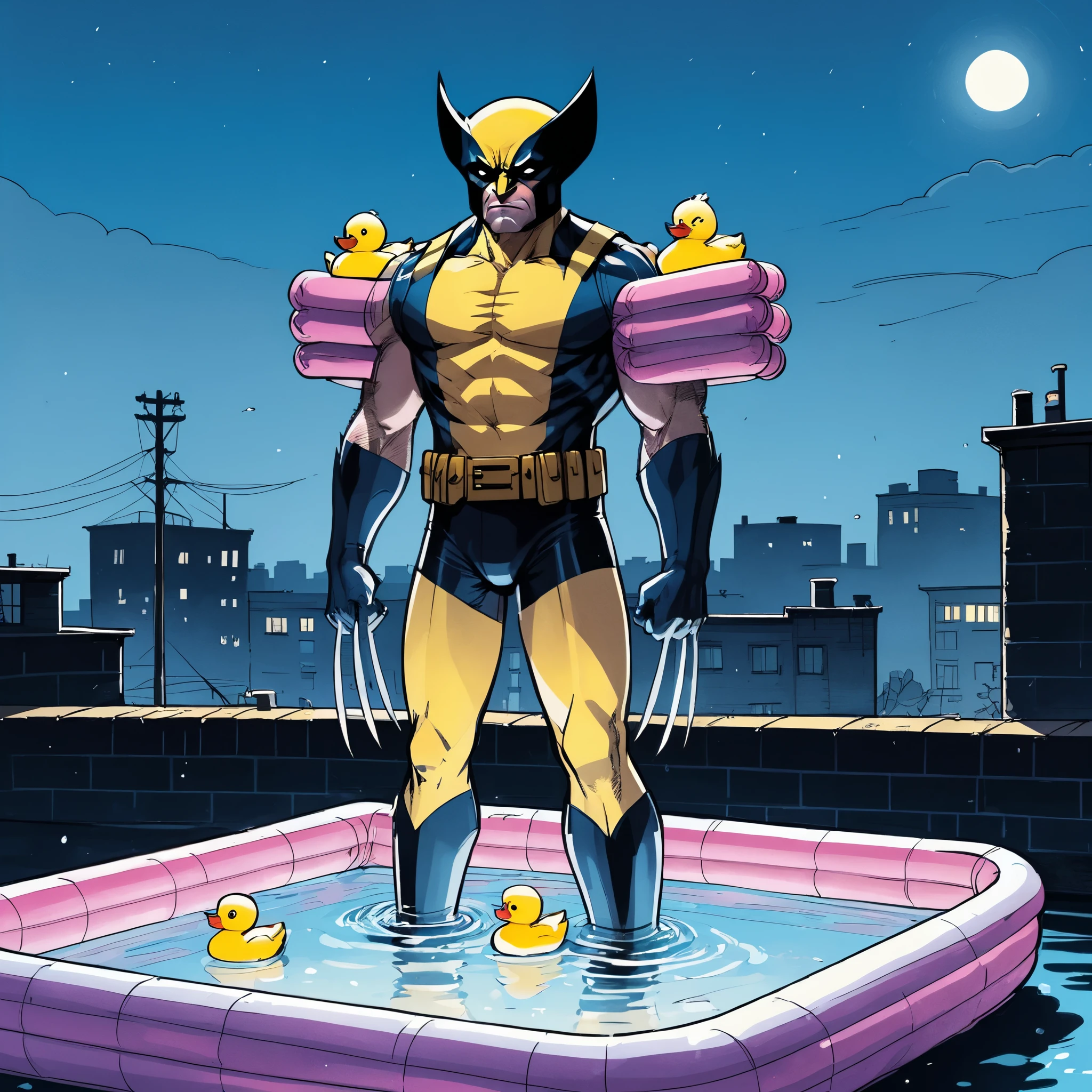 illustrate wolverine, standing on rooftop, wearing iconic x-men wolverine outfit and adorable floaties on upper arms (flotation device), rubber ducks perched on floaties, standing upright in small inflatable swimming pool, rubber ducks floating on the placid water surface, joelle jones hand drawn expressive bold line ink, cel shading, cinematic poster, wordless, nighttime, darkness, only light source neon glow in distance