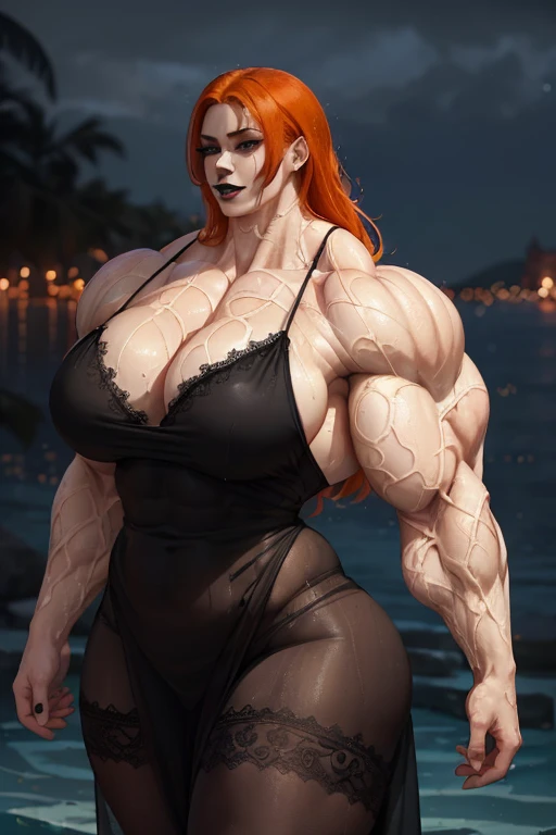 (((((Massive, tall, beautiful, buff, wet, pale white skinned muscular woman with orange hair, black lipstick, ginormous bulky muscles and wearing a beautiful long black lace nightgown))))), black eyeliner, massive muscle, massive biceps, hyper muscle triceps, (shaggy long hair), green eyes, beautiful choker, crystal slippers, (on water of a dark sea), night time, flirtatious smirk, (hyper muscles arms), hyper muscle legs, (massive buff arms)