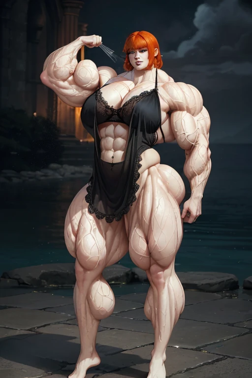 (((((Massive, tall, beautiful, buff, wet, pale white skinned muscular woman with orange hair, black lipstick, ginormous bulky muscles and wearing a beautiful long black lace nightgown))))), black eyeliner, massive muscle, massive biceps, hyper muscle triceps, (shaggy long hair), green eyes, beautiful choker, crystal slippers, (on water of a dark sea), night time, flirtatious smirk, (hyper muscles arms), hyper muscle legs, (massive buff arms)