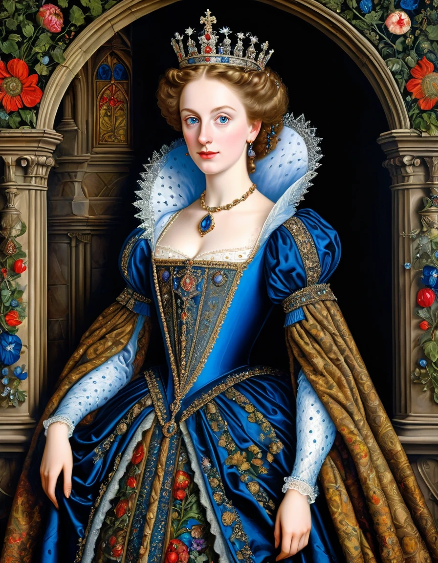 a photorealistic  picture of  beautiful Imaginary Queen [Elizabeth II:Maude Adams:0.45] of Ancient Medieval era, Nicholas Hilliard dan Isaac Oliver oil on canvas painting style, insanely detailed and intricate Medieval Scene Background, hyper maximalist