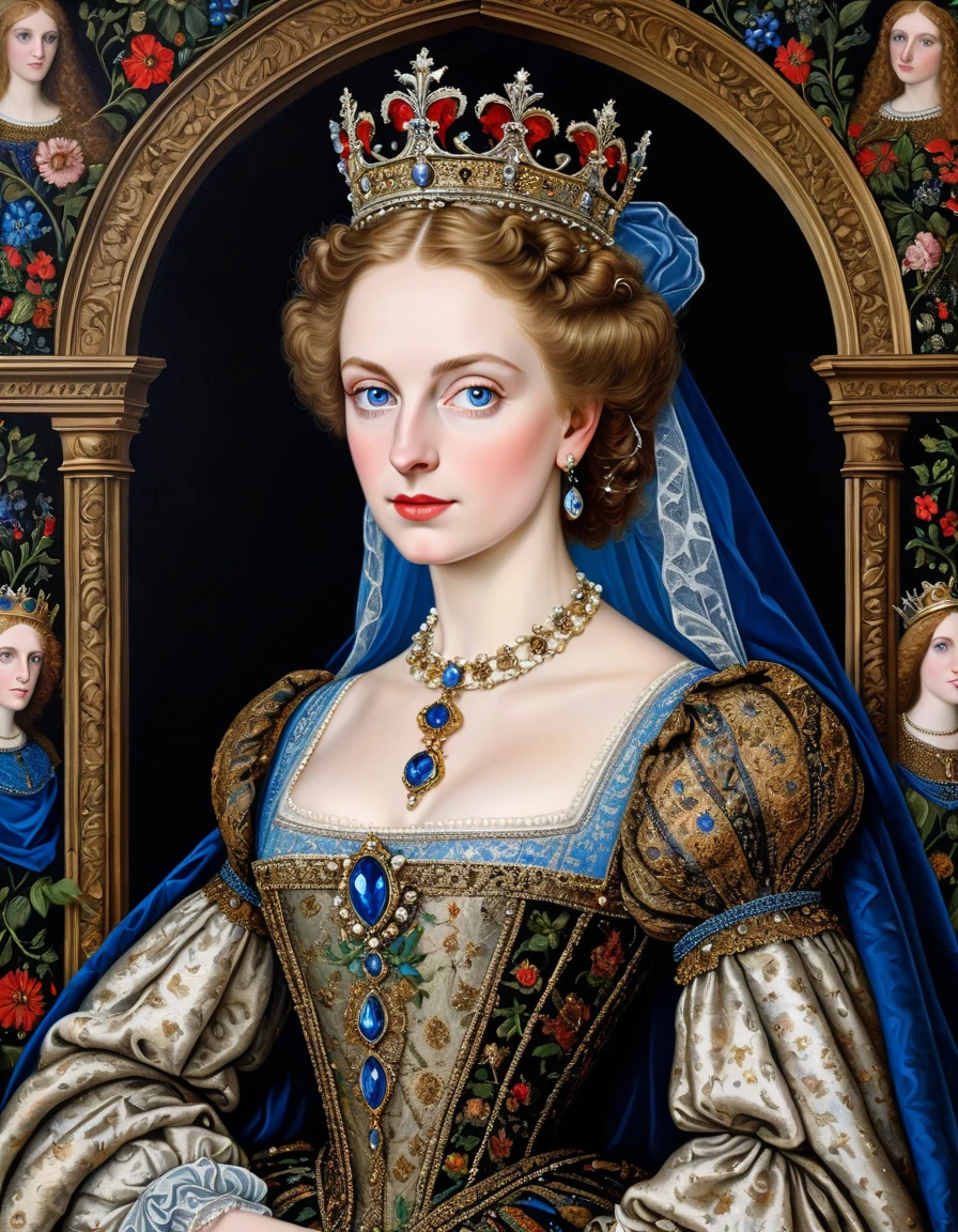 a photorealistic  picture of  beautiful Imaginary Queen [Elizabeth II:Maude Adams:0.45] of Ancient Medieval era, Nicholas Hilliard dan Isaac Oliver oil on canvas painting style, insanely detailed and intricate Medieval Scene Background, hyper maximalist