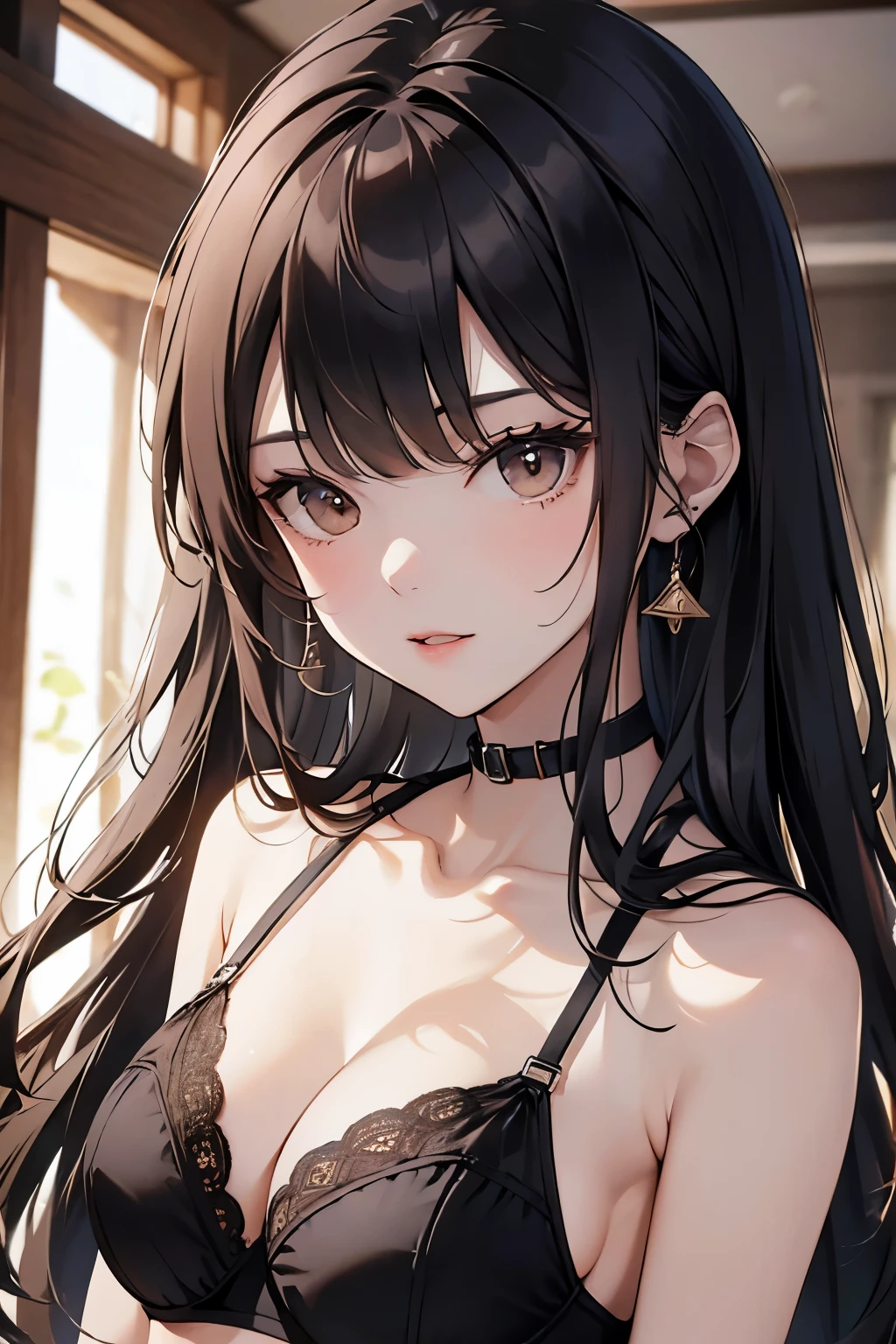 best quality, highres,Slender、Brown eyes、tall、Black Hair、(Long Hair:1.3),Straight Hair、7 life size、Black Bra、slouch、Looking up
