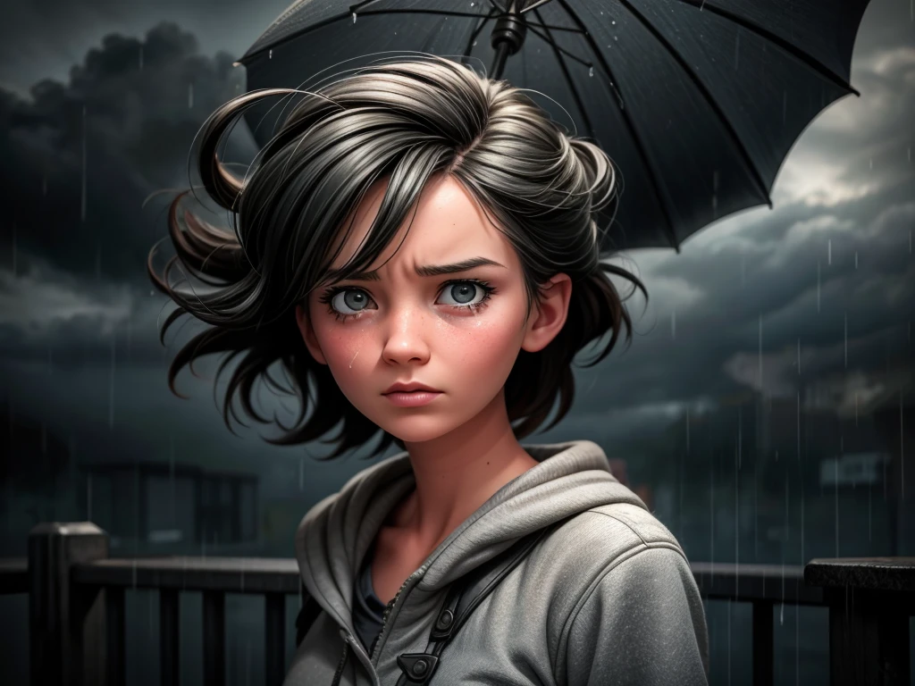 A girl standing on the roof, contemplating suicide in despair
(best quality,4k,8k,highres,masterpiece:1.2),ultra-detailed,(realistic,photorealistic,photo-realistic:1.37),dark and gloomy, dramatic lighting, intense emotions, close-up of her face, tears, wind blowing her hair, desaturated color palette, minimalist setting, sadness, loneliness, high contrast, soft focus, stormy sky, raindrops falling, intense shadows, powerful composition, low angle perspective, monochrome, strong facial expressions, haunting atmosphere, cinematic quality, emotional depth, psychological tension, metaphorical representation, fine art photography, tragedy, raw emotions
