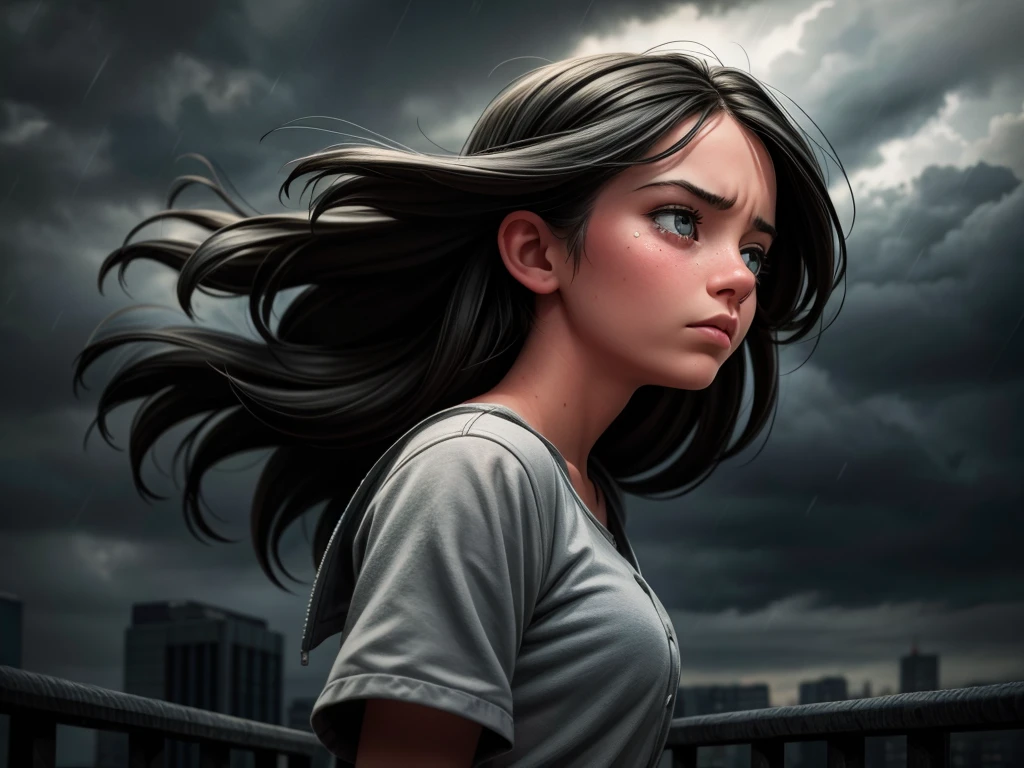 A girl standing on the roof, contemplating suicide in despair
(best quality,4k,8k,highres,masterpiece:1.2),ultra-detailed,(realistic,photorealistic,photo-realistic:1.37),dark and gloomy, dramatic lighting, intense emotions, close-up of her face, tears, wind blowing her hair, desaturated color palette, minimalist setting, sadness, loneliness, high contrast, soft focus, stormy sky, raindrops falling, intense shadows, powerful composition, low angle perspective, monochrome, strong facial expressions, haunting atmosphere, cinematic quality, emotional depth, psychological tension, metaphorical representation, fine art photography, tragedy, raw emotions
