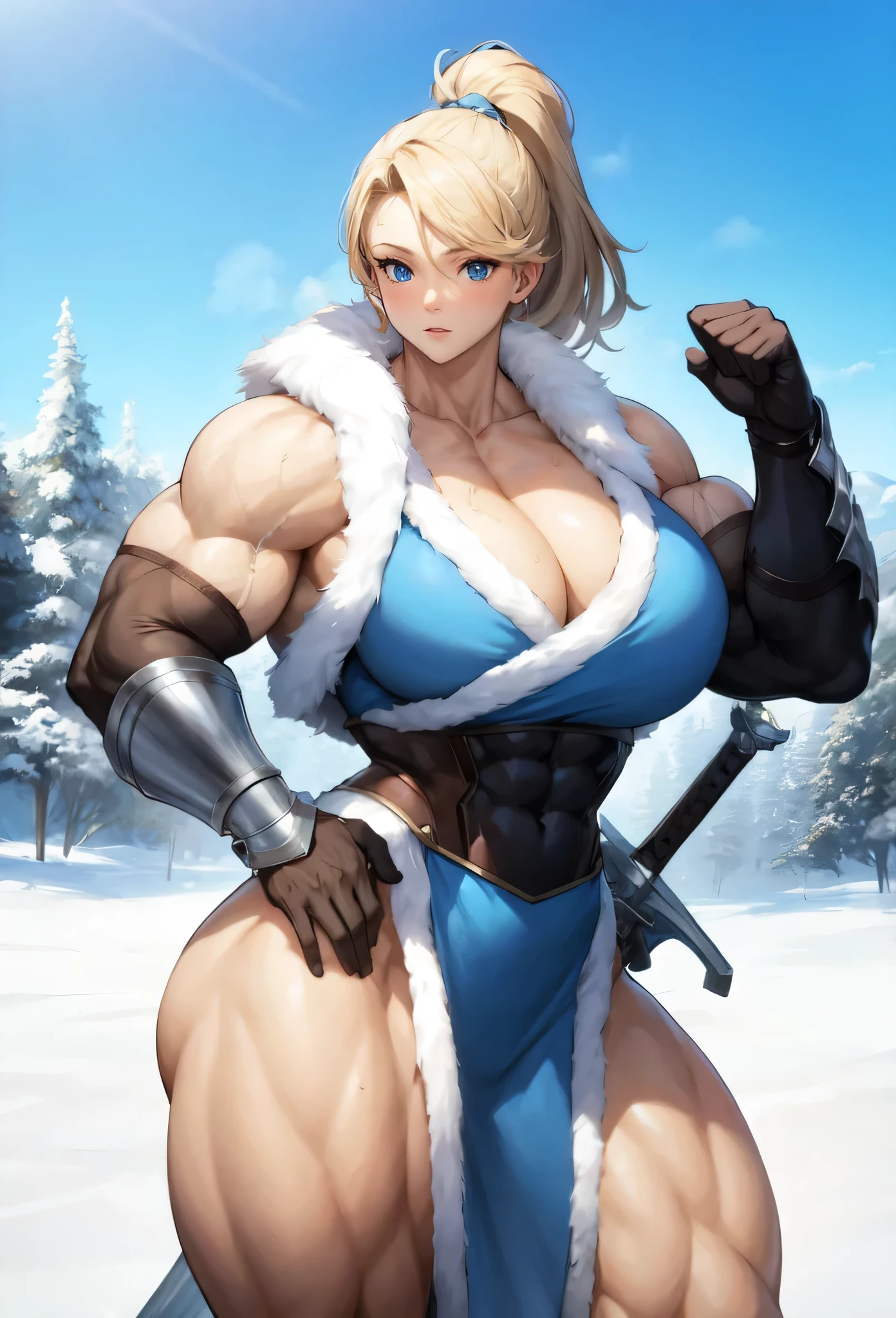 ,girl,beautiful face, muscular female, alternate muscle size,blonde hair,blue hanfu,muscular thighs,winter,muscular ,biceps,fur,white elbow gloves,silver armor,sword,covered abs