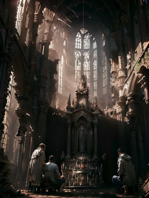 the ruins of a great cathedral, Gothic style, People knelt down and prayed, Priest, multiple environments, dirty, Cinematic light, Be very careful