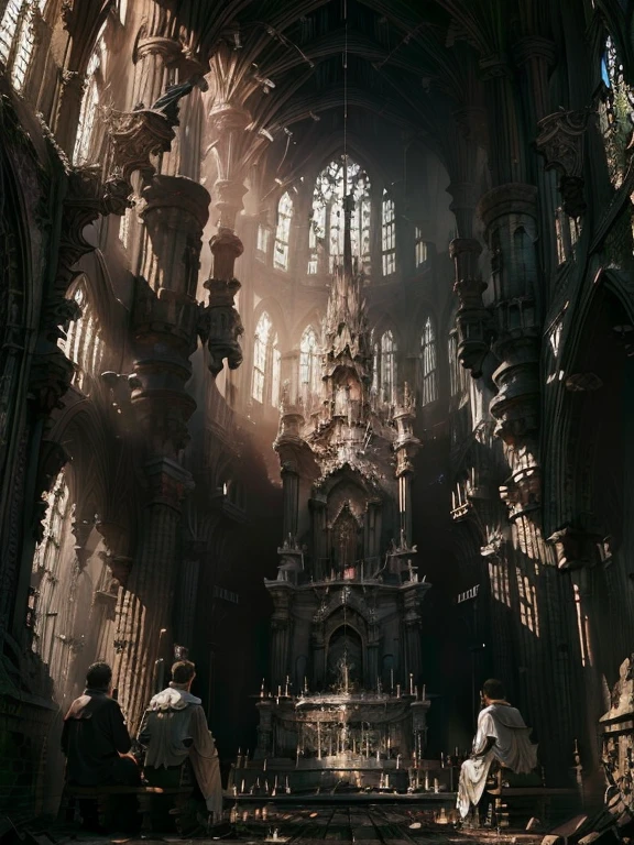 the ruins of a great cathedral, Gothic style, People knelt down and prayed, Priest, multiple environments, dirty, Cinematic light, Be very careful