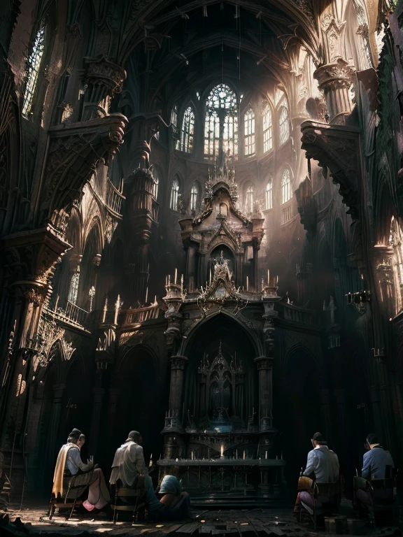 the ruins of a great cathedral, Gothic style, People knelt down and prayed, Priest, multiple environments, dirty, Cinematic light, Be very careful