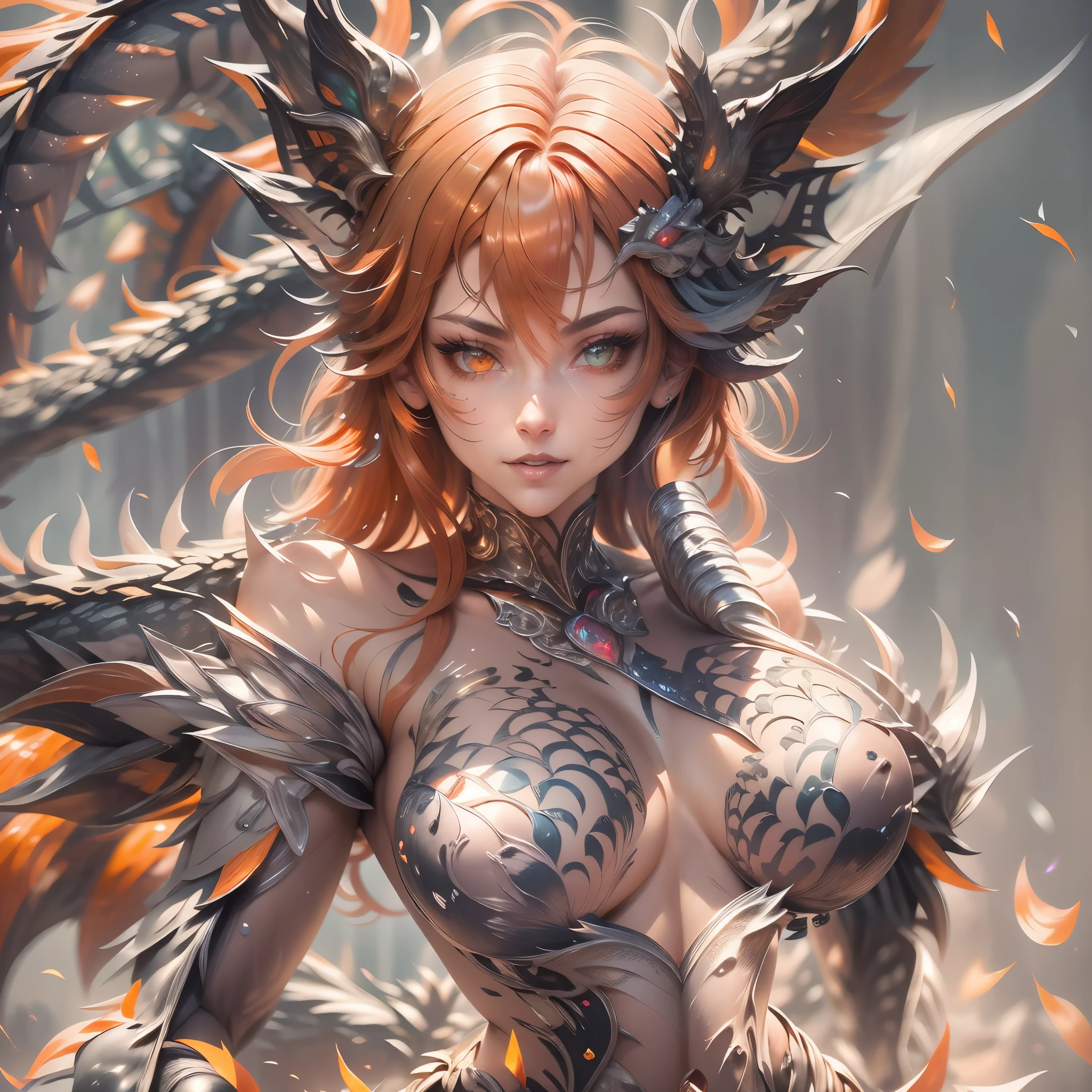 (best quality,4k,8k,highres,masterpiece:1.2, portrait), ultra-detailed, realistic, naked sexy dragon woman with glittering silver scales, skin is glittering silver scales, medium length fiery orange hair with black highlights, very playful but mischievous smile, huge tits, gigantic breasts, naked, nude, detailed crotch, detailed vulva, sexy pose, spread legs, playful, bi-coloured eyes, heterochromia, lustful