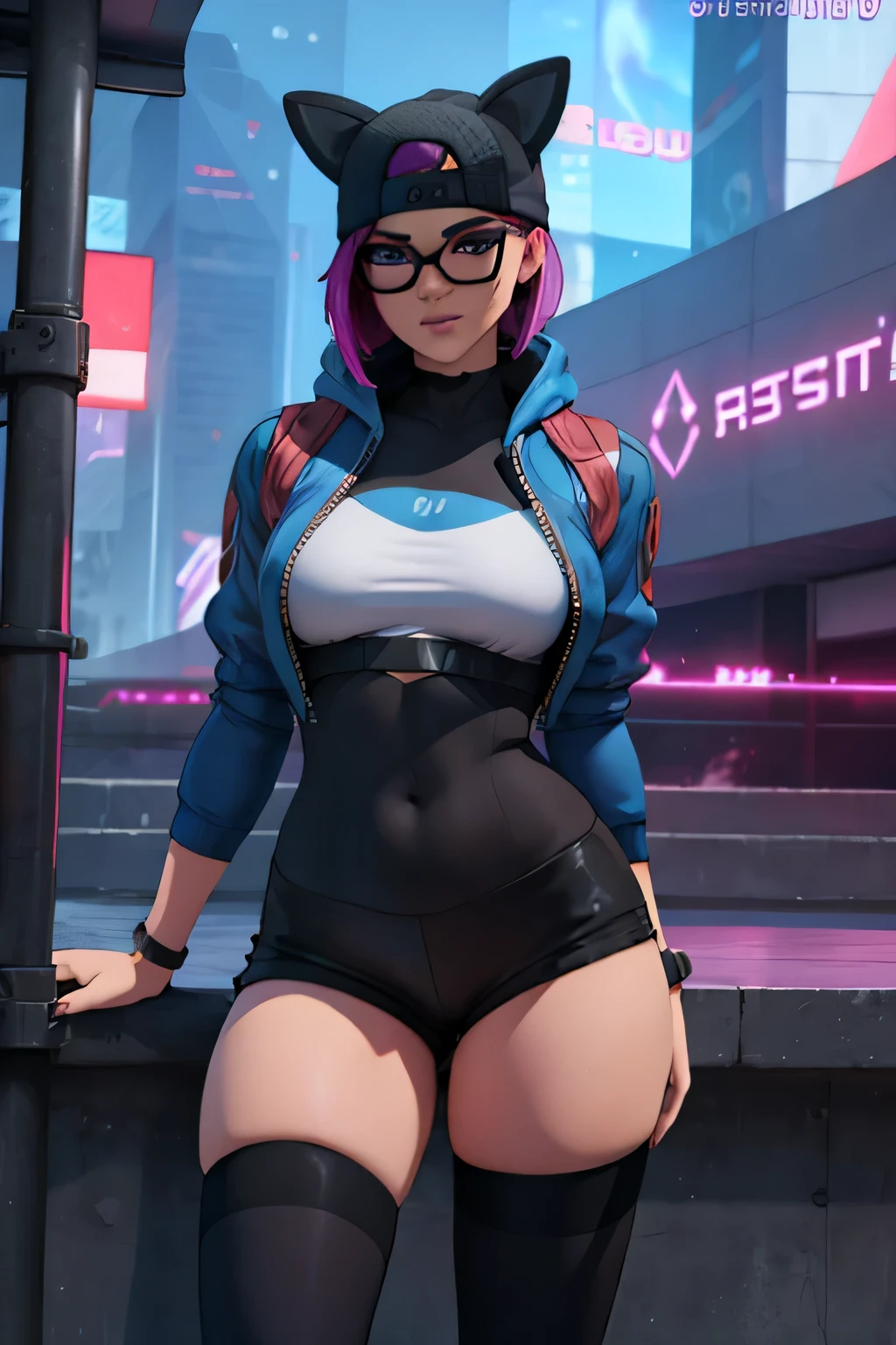 lince Cyberpunk, Noche, pulsera de picos,gorro de invierno , shorts negro con leggins Azul Marino, chaqueta azul marino , EXTREMADAMENTE DETALLADO, ROSTRO DETALLADO, gafas ,hermoso rostro, ojos finos, mirando al espectador, 🛹