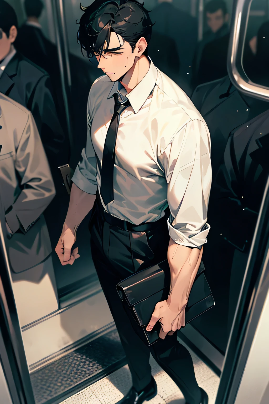 handsome manly short black hair caucasian male in sweat-drenched, soaking wet, long-sleeved white shirt with necktie, black pants, black leather shoes, holding a heavy black briefcase on the right hand, sweating profusely, tired, standing inside the train, the train is crowded with people and passengers