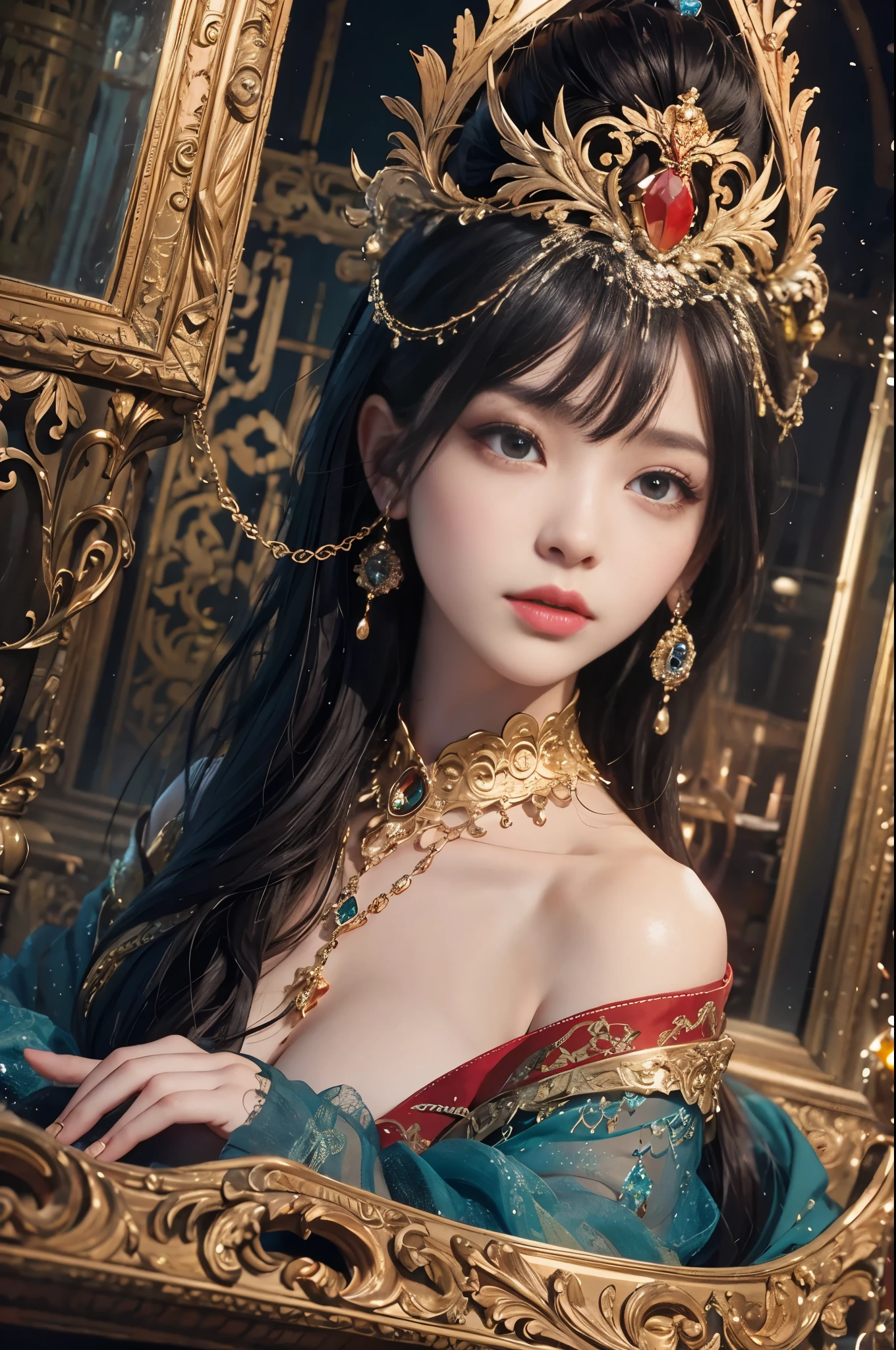 Best quality,masterpiece,((Ultra-fine high resolution)),(Reality:1.4),RAW photos,,Implications,1 girl,Handheld weapons,(Solo exhibitions:1.2),(cowboy lens:1.2),(hair crown:1.2),Traditional costumes of Dunhuang, China,Strapless,(Red Eyeliner:1.2),(black eyes:1.4),Earrings and Nipple Rings,Dynamic angle,Broken temple,carved,messy_long_hair,ink,Movie Lighting,lens_Flare,Velvet,peony,Nipple tassels,Ribbon,color embroidery,upper body,Facing the camera,dynamic poses,Large target,Embroidered cloth shoes