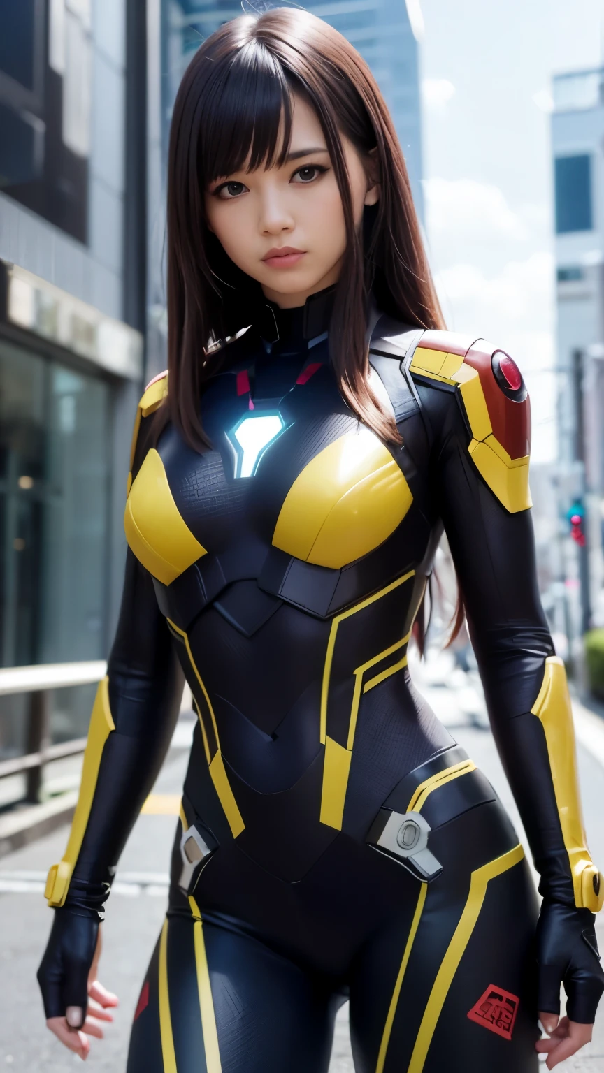8k, realista, atraente, Altamente detalhado, a 20 year old girl a sexy and atraente woman inspired by Iron Man wearing a shiny Iron Man mech. She dresses sensually and confidently, interpretando perfeitamente o Homem de Ferro&#39;strength and charisma. Em uma cena noturna urbana no estilo cyberpunk, a sexy and atraente woman takes Iron Man&#39;cosplay como tema. Usando um mech brilhante do Homem de Ferro, She is on a street full of tall buildings. The city&#39;s night lights are bright, refletindo sobre seu mecha, adding a sense of future technology. The surrounding buildings and streets are full of cyberpunk elements, like neon lights, high-tech devices and futuristic architectural designs. The whole scene is full of futuristic and science fiction atmosphere. This high definition, High quality image will give you stunning visual enjoyment, a perfect combination of sexy, futuristic and science fiction elements. oc rendering, dramatic lighting, qualidade premiada