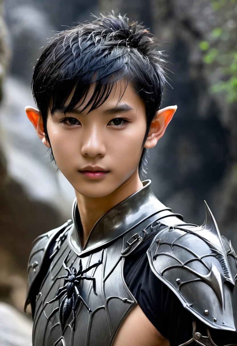 Full body photograph of Extremely handsome naked Asian drow elf 18-year-old boy, short black hair undercut hairstyle, very cute boyish face, soft skiny body, pointy ears, gray skin, wet cavern background with spider shoulder armor, 