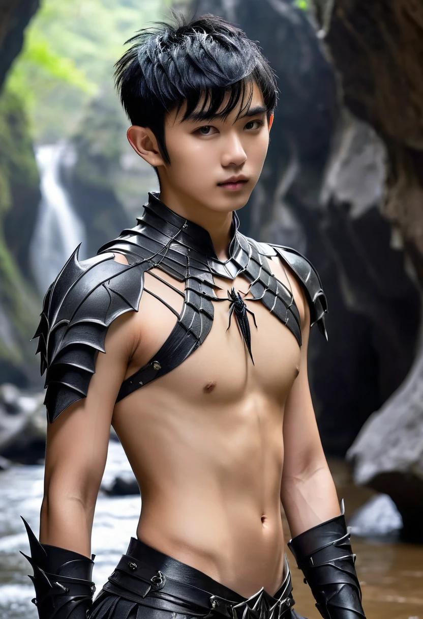 Full body photograph of Extremely handsome naked Asian drow elf 18-year-old boy, short black hair undercut hairstyle, very cute boyish face, soft skiny body, pointy ears, gray skin, wet cavern background with spider shoulder armor, 