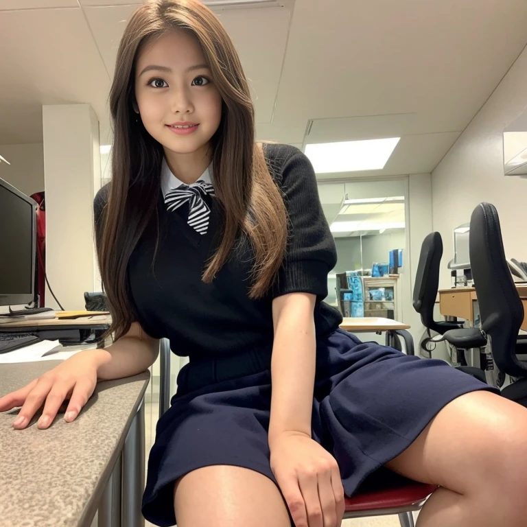 ((highest quality、8k、masterpiece:1.3))、Dramatic lighting、Beautiful woman、girl、Huge boobs:1.3、(Strong Abs、Slim figure:1.1)、classroom、On the desk、Well deep、Highly detailed fingers、Fingers5Book、Highly detailed face、detailed lip、Fine grain、double eyelid、Huge 、Big Breasts、Beautiful waist、Beautiful woman、とてもBig Breasts、super Big Breasts、Gal、Heavy makeup、ややBig Breasts、She has quite Big Breasts、blonde hair、blonde、Long Hair、Uniform appearance、high school girl uniform、mini skirt、Full body photo、sit cross-legged、Angle from below、Photo from below、I can see up to my ankles、Spread your legs、No pants、The female genitalia are in full view、
