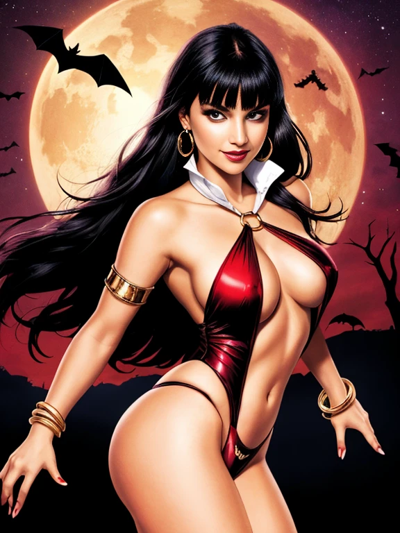 1girl, solo, highly insanely detailed, masterpiece, top quality, best quality, highres, 4k, 8k, RAW photo, comic style, lineart, smile, glowing eyes, red eyes, magic, skull, bats, 1girl, Vampirella, bangle, armlet, boots,blunt bangs, black hair, long hair, slingshot swimsuit, criss-cross halter, earrings, eyeshadow, popped collar,