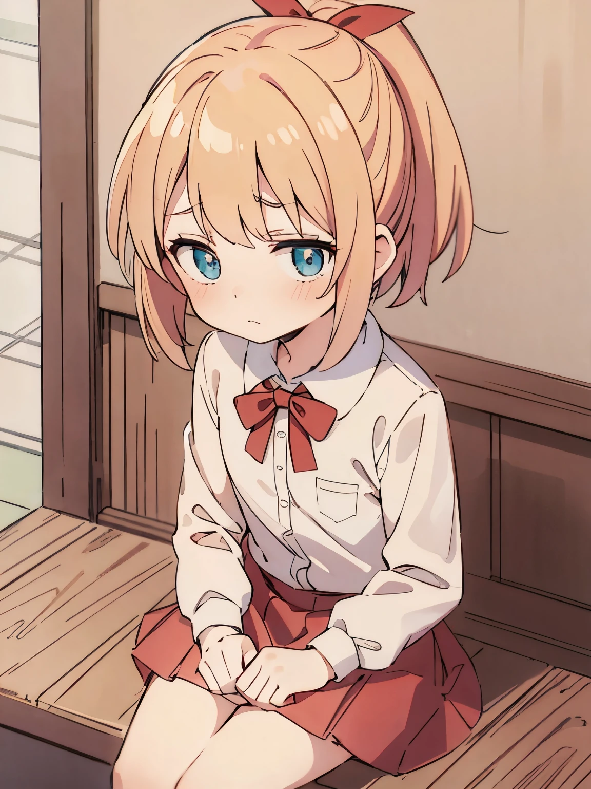 1girl,6 years old,blonde hair,Sitting,Sad expression ,blonde hair,blonde hair,short hair, blue eyes,White short shirt, red bow tie, red short skirt, red ribbon ponytail,very short hair, side bangs,ultra detail, ultra HD