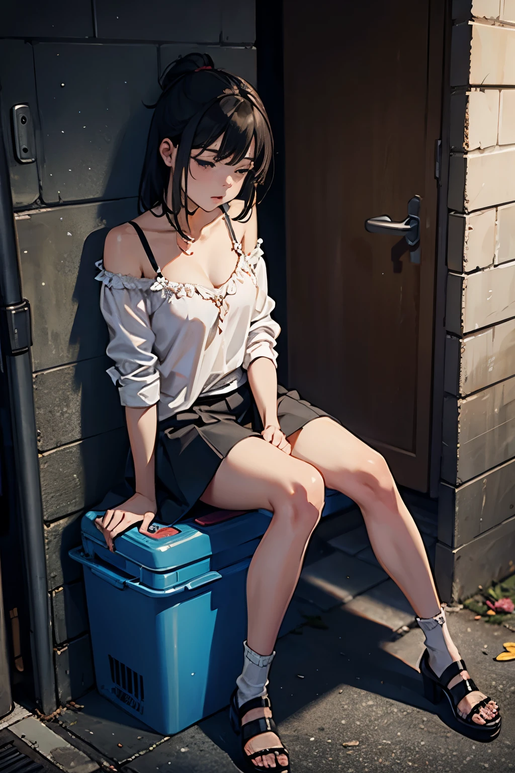 Drunk young whore in an empty alley. She is expensive, but poorly dressed and returns from a noisy party. But she is too drunk and fell asleep in a corner, among the garbage. Here, in the midst of garbage and darkness, trouble awaits her.