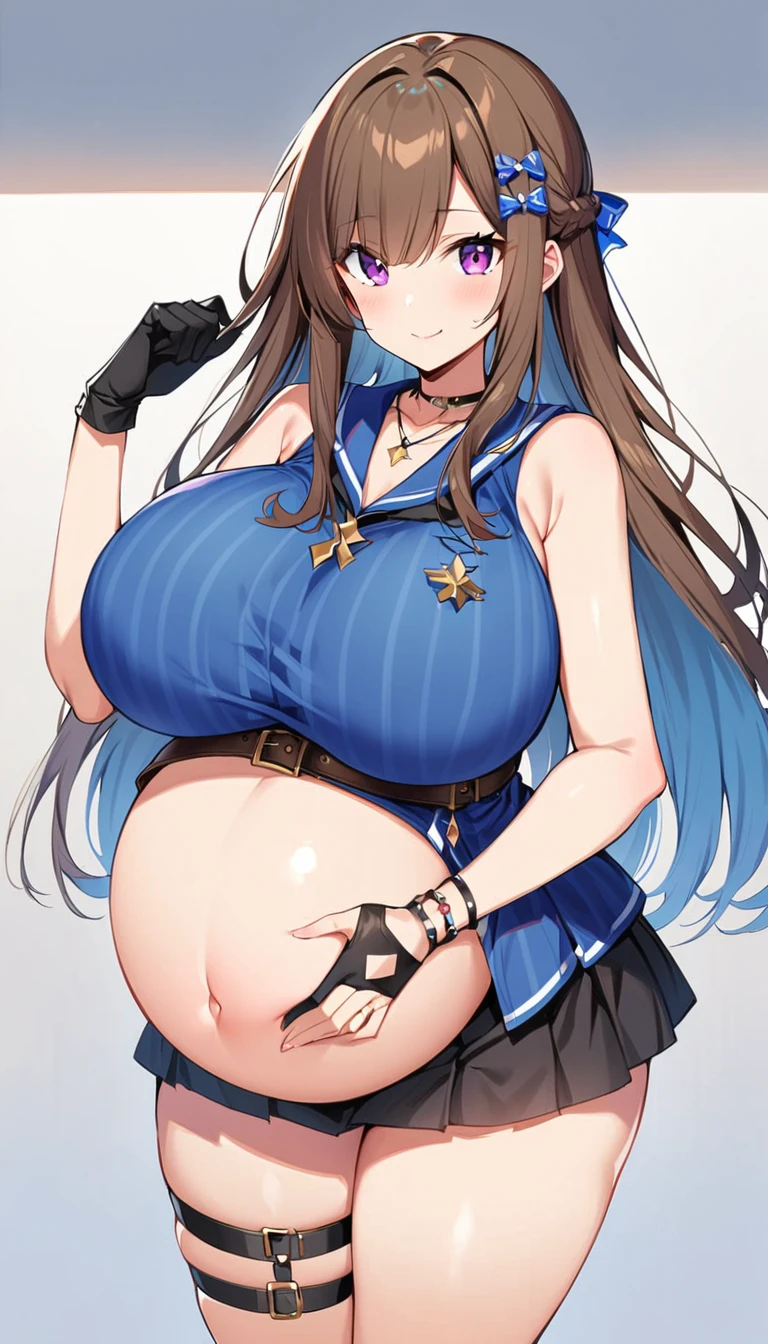 1 Girl,22-year-old girl, Long hair,Brown hair, Inner hair color, Blue Hair, Purple Eyes, Partially fingerless gloves, Thigh straps, Black gloves, Hair accessories, skirt, Bangs, jewelry, pleated skirt, Single leg, black skirt, Ruffles, hairpin, necklace, gradient skirt, belt, sleeveless, Happy,，(pregnant，Huge breasts：1.8)