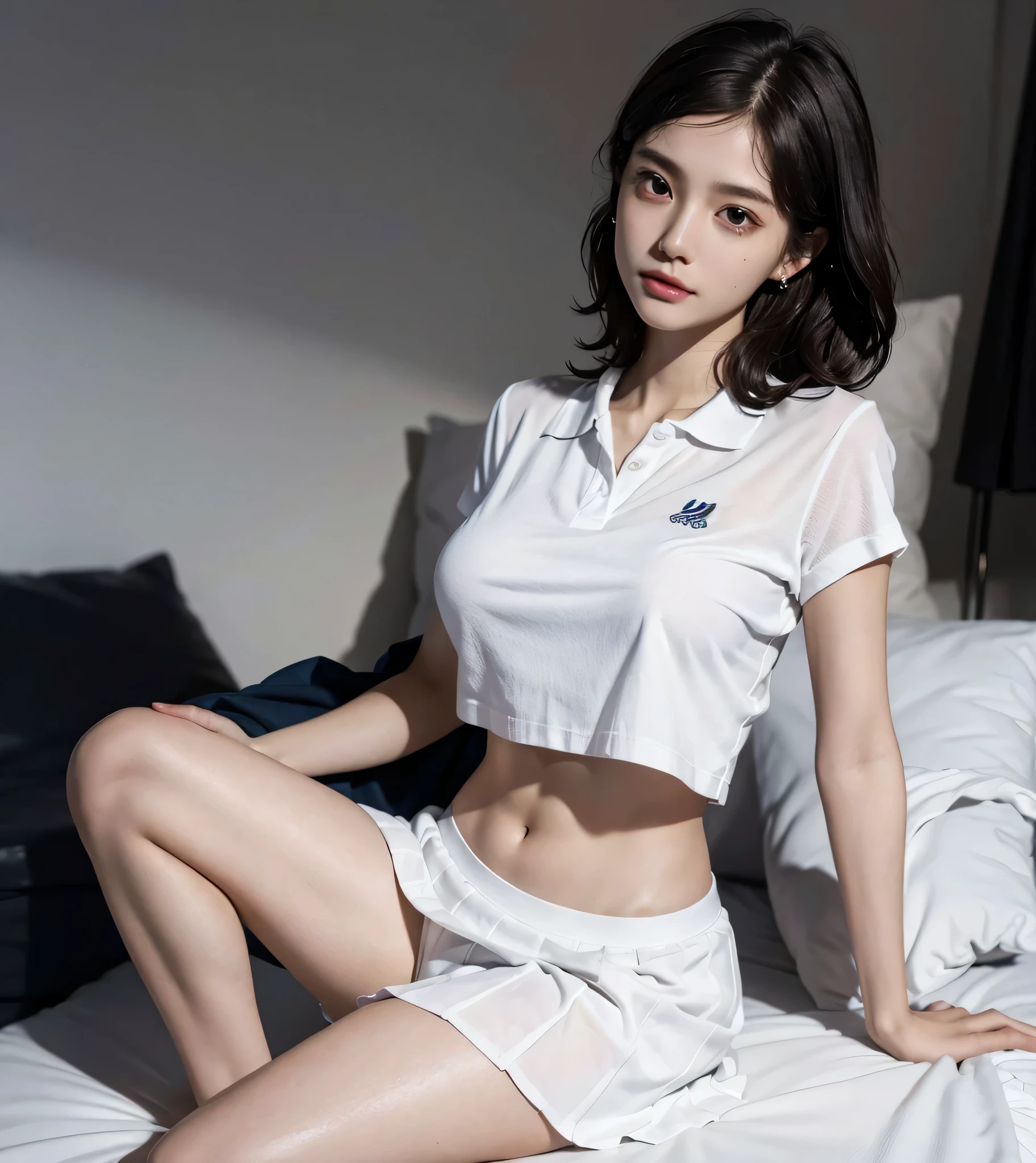 absurdres, RAW photo, extremely delicate and beautiful, masterpiece, Best Quality, ultra high resolution, 32k, hyperrealistic, ultra-detailed, perfect anatomy, perfect figure, super Detailed skin, 30 years old, very Slim body, narrow waist, very small head, very small face, delicate facial features, tearful mole, earring, thin legs, (very huge round breasts:1.3), full body shot, (solo:1.2), short medium hair, (wavy hair:1.2), wet clothes, tennis uniform, white polo shirt, White pleated mini skirt,