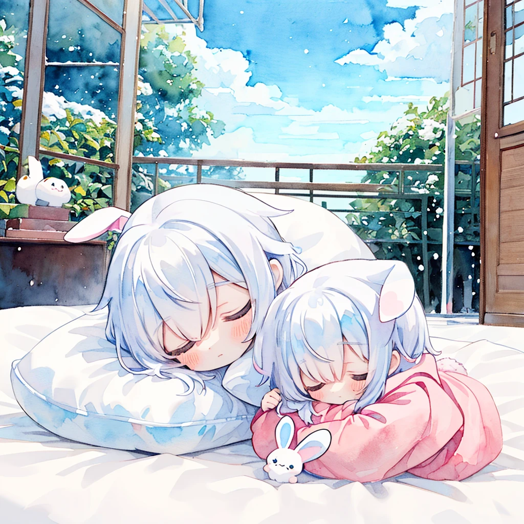 (PastelColors:1.0)、(Cute illustration:1.0)、(watercolor paiting:1.2)、(1 girl:1.0)、hair between eye、 Light blue hair, angelicales, a girl with long hair, Dreamy cloud background, Mini Characters, Sleeping on a futon, Sleeping face down, Colorful clouds, White rabbit ears, drooping rabbit ears、Haze、White the、Chibi Chara、full body Esbian、I ain't sorry、Good night、Pastel clouds、depth of fields、Sleeping in Kamakura、Kamakura made of snow、Winters、Fluffy clothes