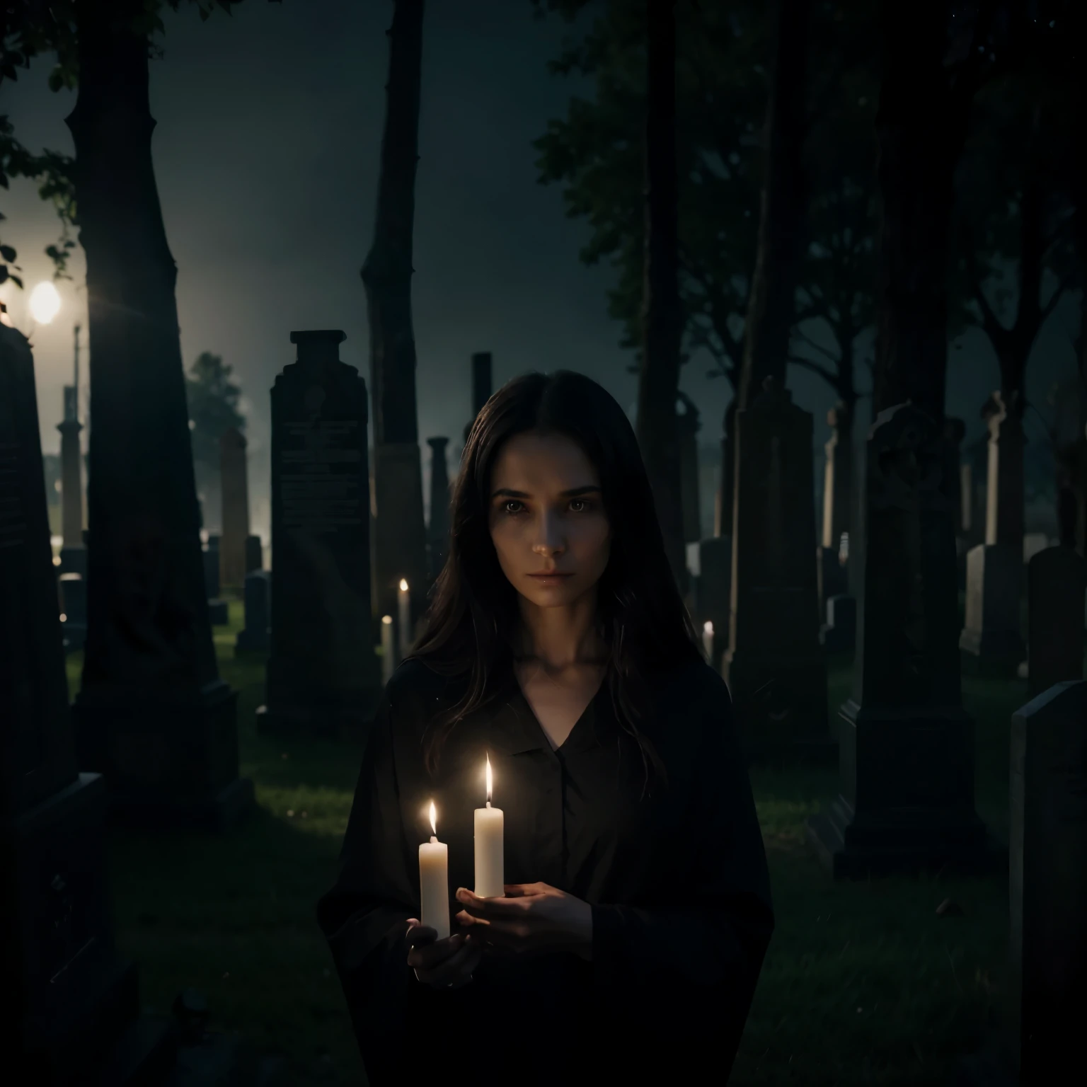 I imagine a scene where several skeletal figures, representando a Morte, are gathered over graves in a cemetery, Waiting in silence. Cada uma delas tem uma postura solene, com suas capas escuras flutuando suavemente ao vento noturno. Their expressionless faces look into the beyond, while the dark aura surrounding them adds a touch of mystery to the scene. Isto&#39;It&#39;s as if they were brought together for some mysterious purpose., enveloped in the atmosphere of mourning and transcendence