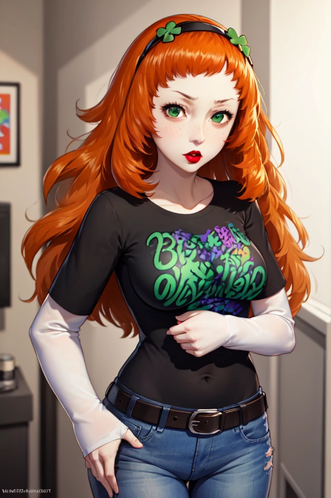 (masterpiece, best quality:1.2), vivian james, orange hair, hairband, four-leaf clover, 1girl, solo, standing, black t-shirt, white shirt, blue jeans, belt, lipstick, large breasts, layered sleeves