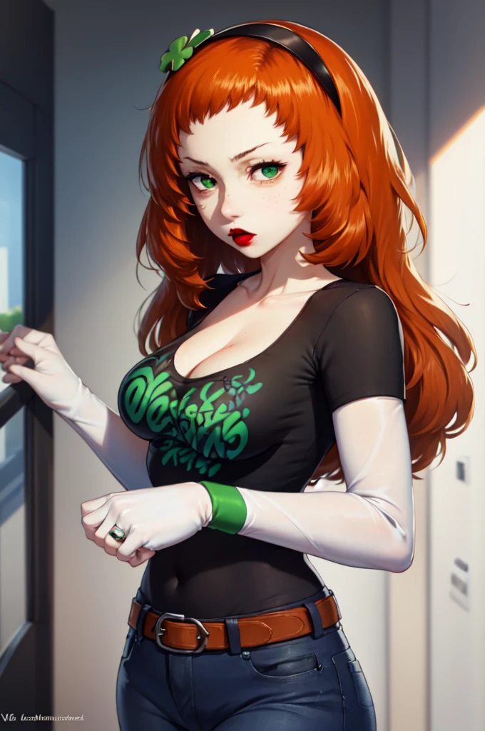 (masterpiece, best quality:1.2), vivian james, orange hair, hairband, four-leaf clover, 1girl, solo, standing, black t-shirt, white shirt, blue jeans, belt, lipstick, large breasts, layered sleeves