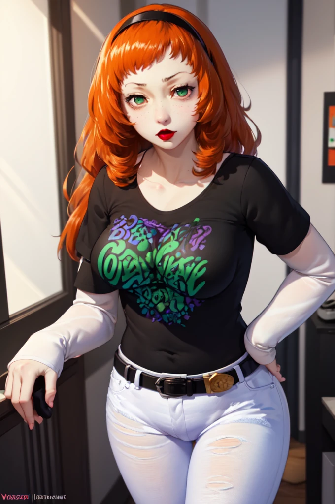 (masterpiece, best quality:1.2), vivian james, orange hair, hairband, four-leaf clover, 1girl, solo, standing, black t-shirt, white shirt, blue jeans, belt, lipstick, large breasts, layered sleeves