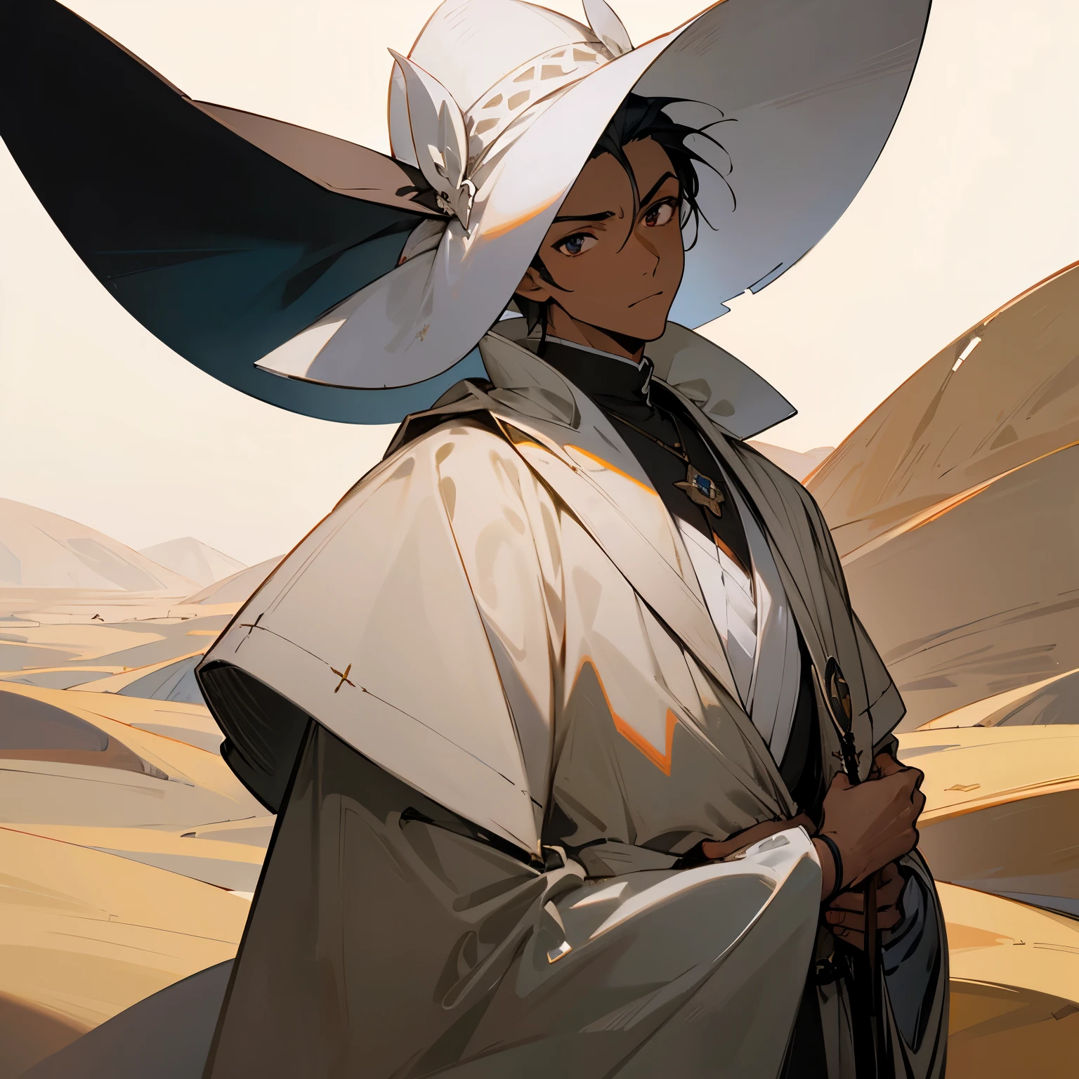 Masterpiece, Best Quality, hight resolution, black man, goatee, dark skin, short hair, hair back, Subaru, re zero art style, Subaru Re Zero, slicked back, 1 man, white robe, bishop hat, cleric, desert