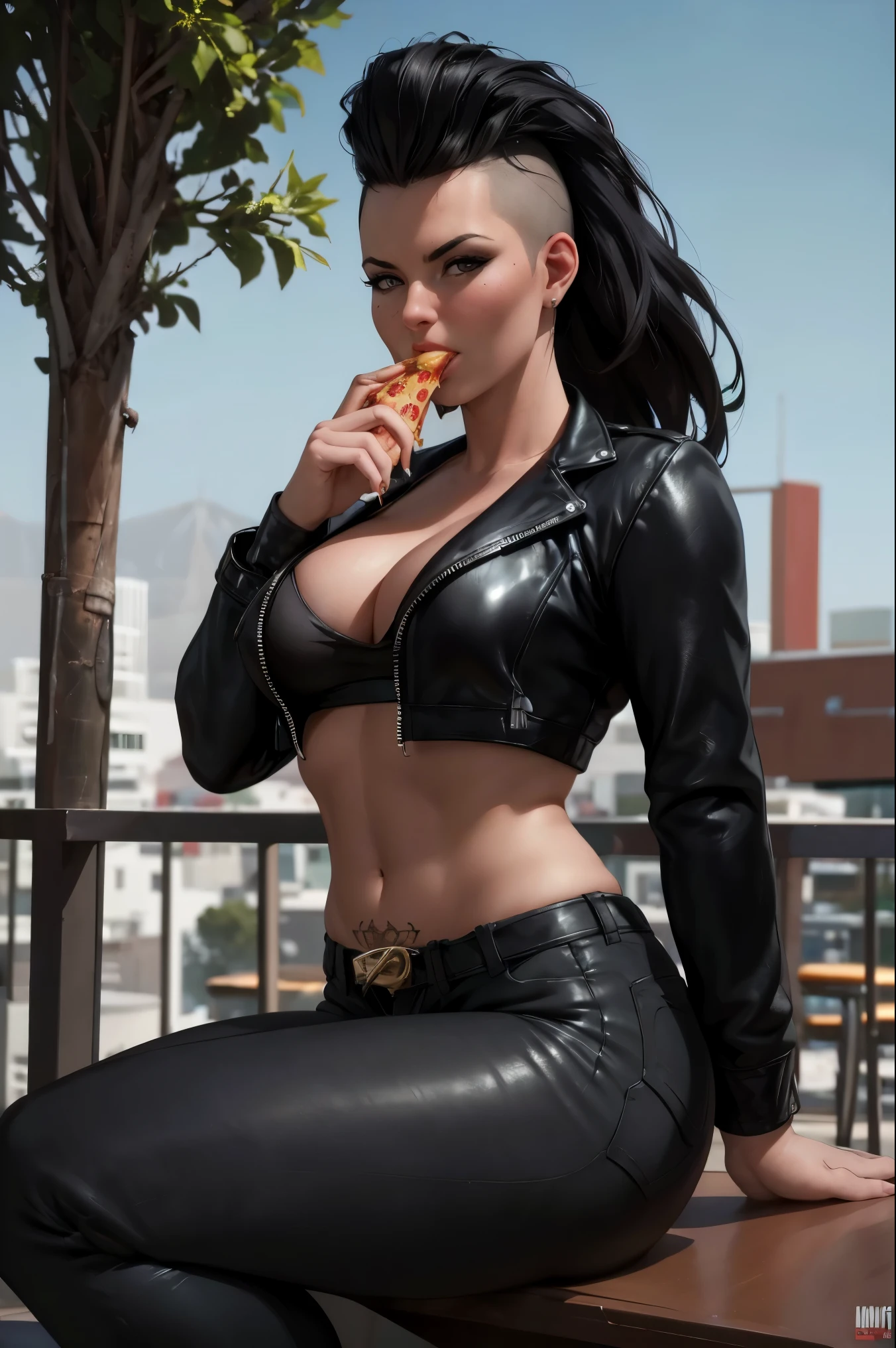 film photo ChristyMackQuiron woman, peinado Mohawk, mohawk hair, black hair, pelo negro, realista, a woman Shot putwearing a crop top and tight jeans eating pizza on a restaurant terrace, short crop top, ahort black leather jacket, chaqueta de cuero ????? corta, vaqueros apretados, heels, tacones , de buen tono, 35mm photography, Movie, bokeh, profesional, 4k, muy detallado, Las Vegas, restaurant, terrace with ivy decirarion, ivy roof, ivy with electic light, classy terrace, italian restaurant, ivy decoration, cubierta de hiedra, sit on chair, restaurant table, comiendo pizza