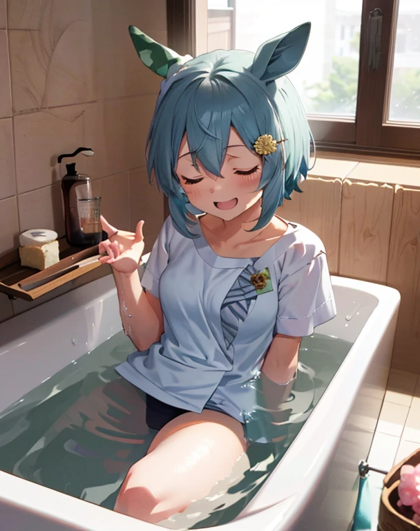 ((masutepiece)), ((Best Quality)), (Very detailed), Real from Thailand,8K,pixiv top quality,Potato, Public Woody Baths in Japan, Woody bathtub,Japan stone lantern, Japan liquor on the tray, (Girl wrapped in towel and soaking in bathtub), Seiun Sky (umamusume), Relax Smile, Closed eyes, Open mouth, Cute, Teenage, medium , kawaii, absurd details, Best Quality, Sound notes,