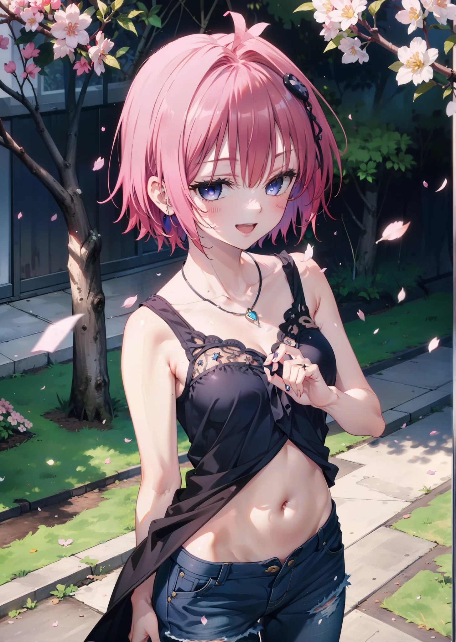 (masterpiece, highest quality:1.2),shape,8k,hd,kurosaki mea,Cowboy Shot,So that the whole body goes into the illustration,1 girl,happy smile, smile, Open your mouth,red hair long hair,Long braids all over the body,Upper Body,(Portraiture:1.2),hair ornaments,smile,belly button,Purple eyes,Medium chest,Black sleeveless dress,Bare arms,,Star-shaped necklace,Short denim pants,White pantyhose,short boots,garden,Cherry blossoms are blooming,Cherry blossoms are scattered,Cherry blossom tree-lined path,Clear skies,Daytime, (Cowboy Shot:1. 5),(masterpiece:1.2), highest quality, High resolution, unity 8k wallpaper, (shape:0.8), (Beautiful and detailed:1.6), Highly detailed face, Perfect lighting, Highly detailed CG, (Perfect hands, Perfect Anatomy),