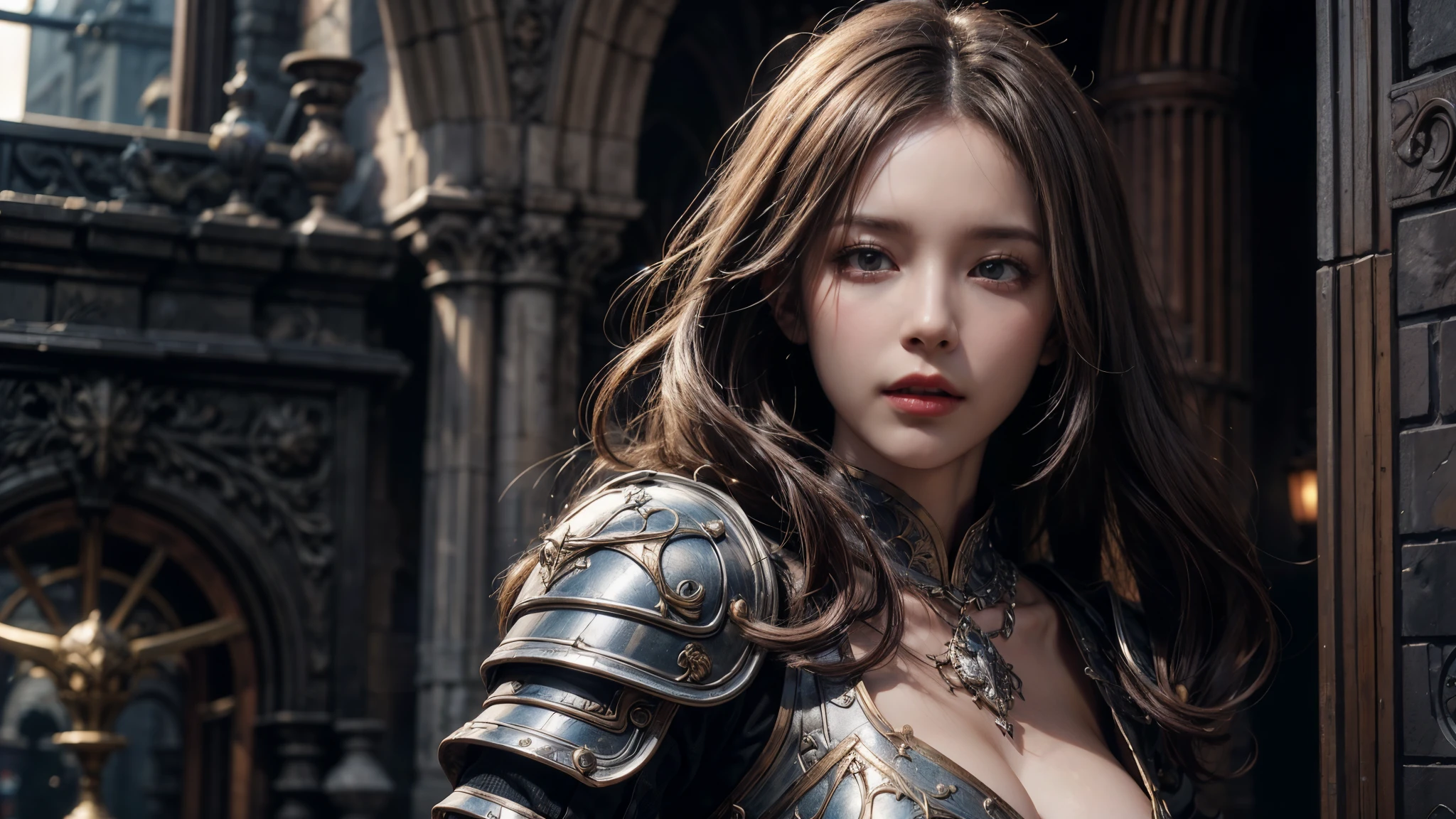 individual, Very beautiful blonde girl, Gorgeous armor，Complex patterns,, Very detailed,Large Breasts, Deadly Face, Mouth tightly shut，Sharp focus, In the background is a huge castle，Sunset， Concept Art, Very detailed, Realistic, Octane Rendering, Unreal Engine, Depth of Field, Pentagonal Bokeh，dramatic，Half-length shot，Looking at the camera