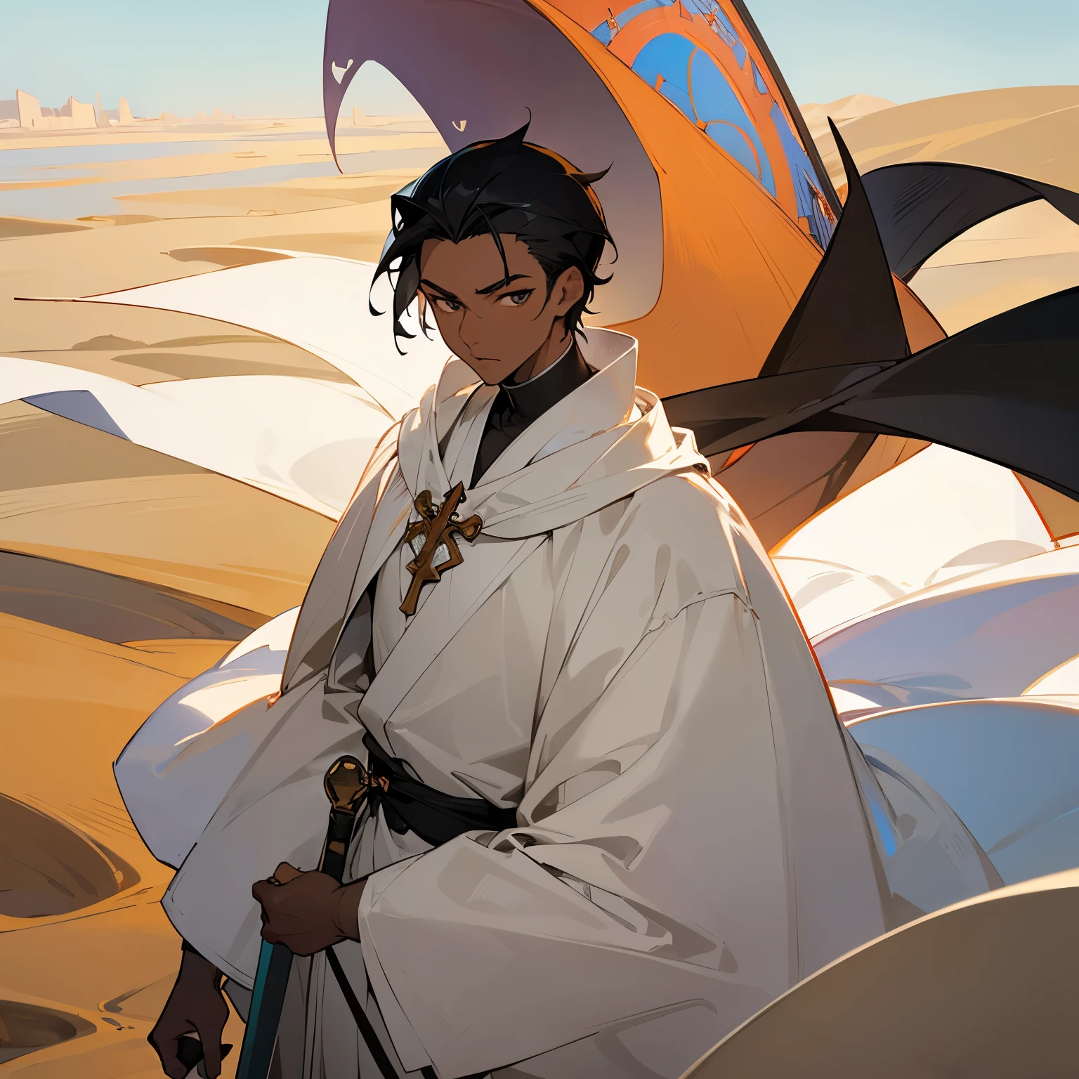 Masterpiece, Best Quality, hight resolution, black man, goatee, dark skin, short hair, hair back, Subaru, re zero art style, Subaru Re Zero, slicked back, 1 man, relgion, bishop, white robe, mitra, cleric, desert
