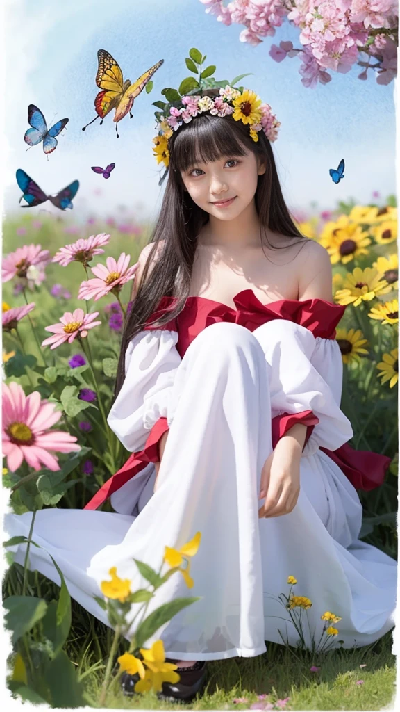 Beautiful girl in a fairy costume, surrounded by flowers and butterflies. content: Watercolor. style: Whimsical and delicate, Like an illustration in a children&#39;s book.