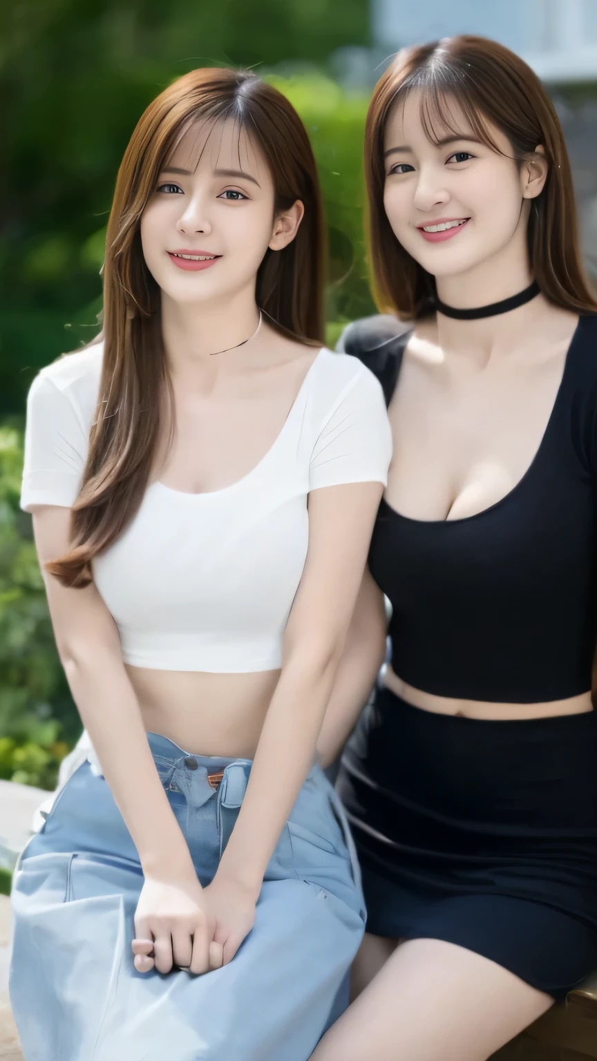 highest quality,masterpiece,Ultra-high resolution, (Realistic:1.4), girl, 18-year-old, (Firm breasts:1.2),  (Slim face, Narrow waist, Thin legs), Charm, after that, look at each other, Dynamic Shot, (Black Choker:1.3), See-through shirt , bangs, Blue Contact Lenses, smile, ((Saggy big breasts))、（(Thin T-shirt:1.5))，skirt、Rose Garden、Roses