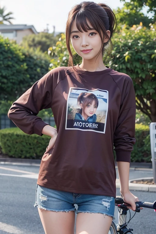 cute japanese college student、21 years old、Super detailed face、Attention to detail、double eyelid、Beautiful thin nose、Sharp focus:1.2、Beautiful woman:1.4、(Maroon brown hair、Ponytail Hair)、（Detailed facial features）、Brunette eyes、natural bangs、White skin、highest quality、masterpiece、超A high resolution、(Photorealistic:1.4)、Highly detailed and professionally lit smile、looking at the camera、Medium Bob Hair、Bright lighting、Professional Lighting、Smooth lighting、One person is standing、(camouflage、Long sleeve cycling jersey), (Blue belly shorts)、（Outdoor）、