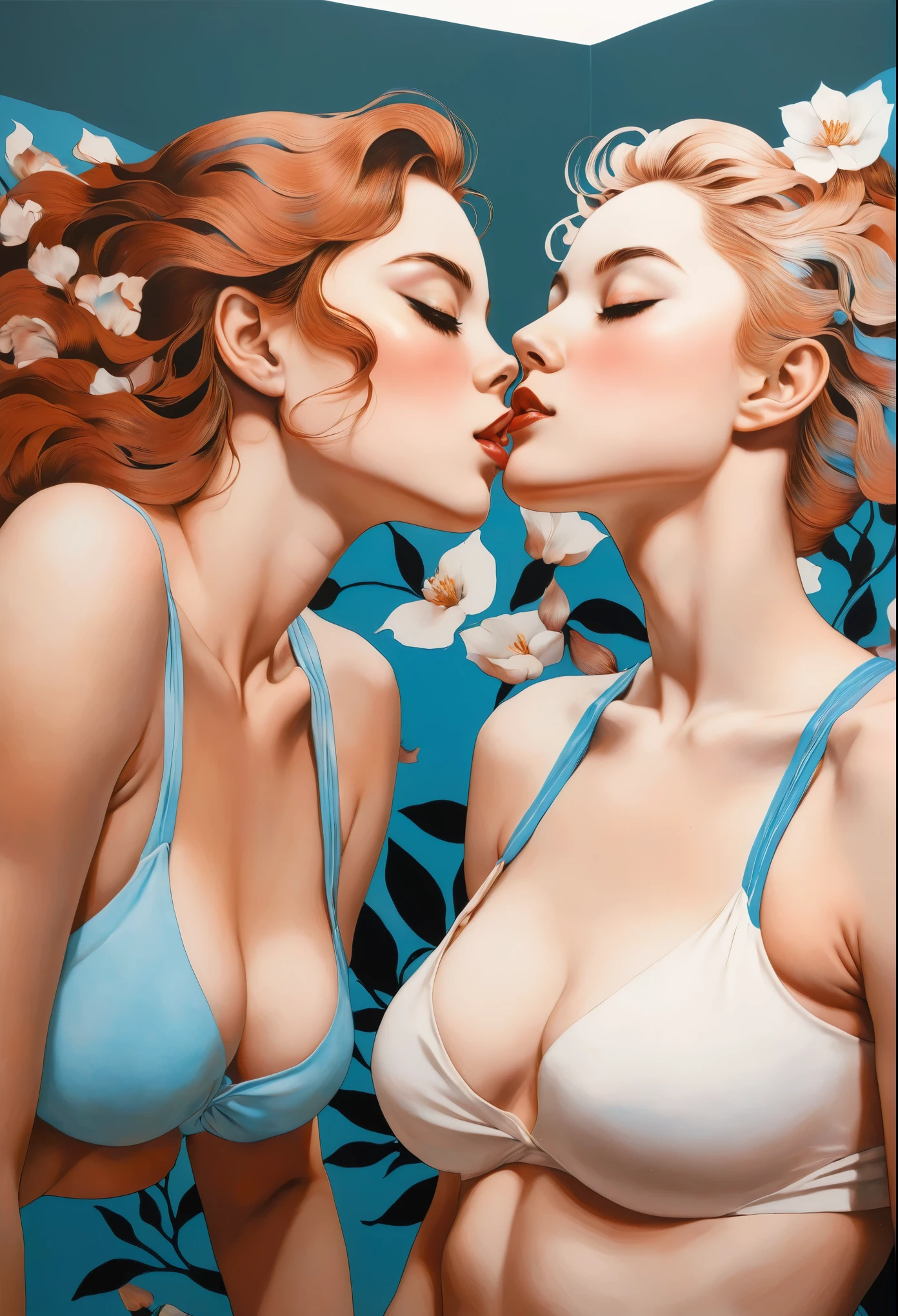 chiaroscuro technique on sensual illustration of an gymer , retro and vintage ,silky flower around body, matte painting, by Hannah Dale, by Harumi Hironaka, extremely soft colors, Blue and white porcelain,Ceramic material,femele,Embossed petals,artwork of a,Long hair, circle eyes, shadowing, anaglyph, stereograms, angle of view, Atmospheric perspective, 8K, Super detail, ccurate, Best quality