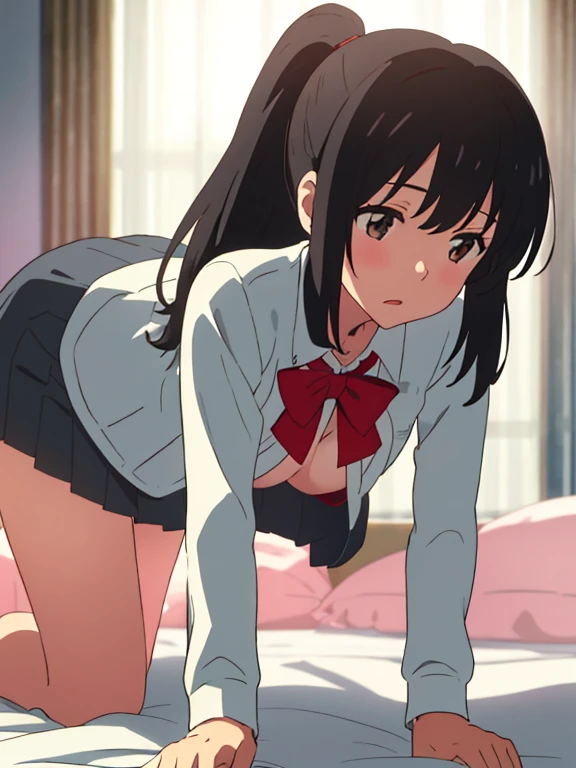 shinkai makoto, kimi no na wa., One girl, bangs, bed sheet, Open your mouth, Black Hair, A look of shame、B Cup、 Brown eyes, Red Bow, long hair、ponytail、Tie your hair with a red string、alone, Upper Body, White long sleeve shirt, Mid-chest, Cowboy Shot, Lie in, Medium chest, behind, Grey Skirt, Bedroom, Beautiful thighs、Showing nipples、Spread your legs、Show your vagina、Showing her raw ass、、Being pushed onto the bed、On all fours、Show me your raw ass、Skirt flip、Unbutton one's jacket、No bra