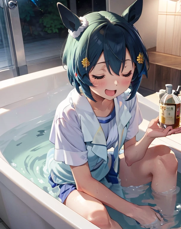 ((masutepiece)), ((Best Quality)), (Very detailed), Real from Thailand,8K,pixiv top quality,Potato, Public Woody Baths in Japan, Woody bathtub,Japan stone lantern, Japan liquor on the tray, (Girl wrapped in towel and soaking in bathtub), Seiun Sky (umamusume), Relax Smile, Closed eyes, Open mouth, Cute, Teenage, medium , kawaii, absurd details, Best Quality, Sound notes,