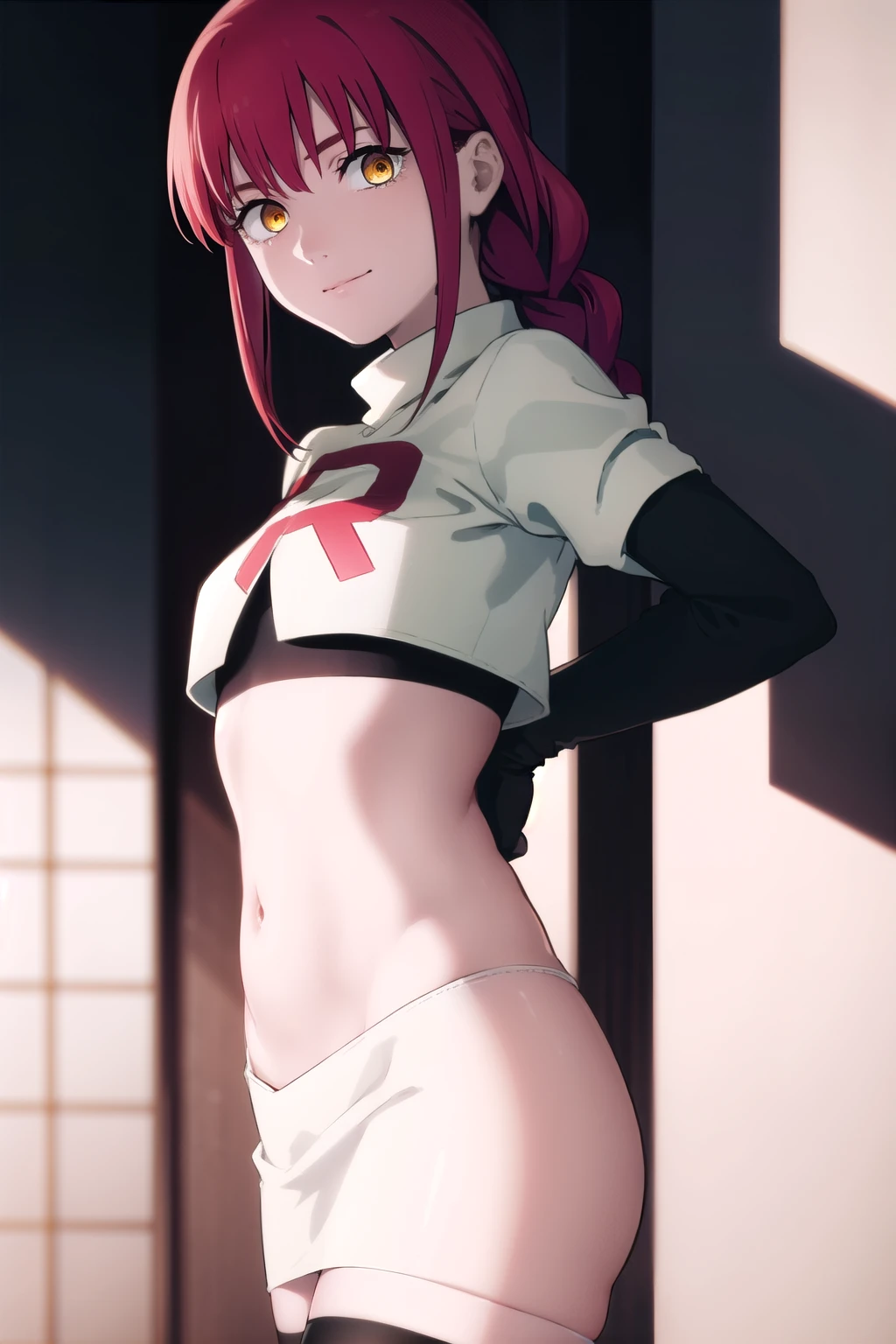 makima, makima, long hair, smile, bangs, small breasts, (yellow eyes:1.2), braid, red hair, braided ponytail, ringed eyes,
BREAK team rocket,team rocket uniform,white skirt,red letter R,crop top,black thigh-highs,black elbow gloves,
BREAK looking at viewer,
BREAK (masterpiece:1.2), best quality, high resolution, unity 8k wallpaper, (illustration:0.8), (beautiful detailed eyes:1.6), extremely detailed face, perfect lighting, extremely detailed CG, (perfect hands, perfect anatomy),