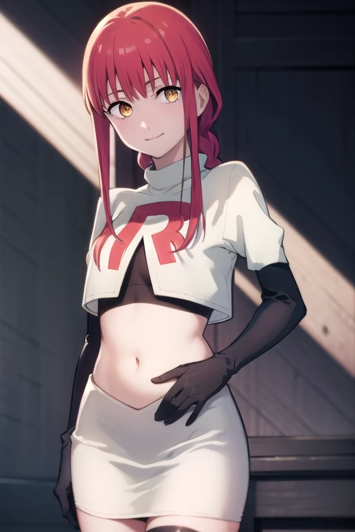 makima, makima, long hair, smile, bangs, small breasts, (yellow eyes:1.2), braid, red hair, braided ponytail, ringed eyes,
BREAK team rocket,team rocket uniform,white skirt,red letter R,crop top,black thigh-highs,black elbow gloves,
BREAK looking at viewer,
BREAK (masterpiece:1.2), best quality, high resolution, unity 8k wallpaper, (illustration:0.8), (beautiful detailed eyes:1.6), extremely detailed face, perfect lighting, extremely detailed CG, (perfect hands, perfect anatomy),