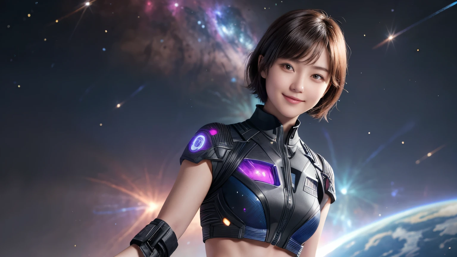 214 Short Hair, 20-year-old woman, A kind smile, Floral, Futuristic clothing, machinery suit, ((Clothes that show abs、Clothes with short sleeves)), (The background is a galaxy and nebula)